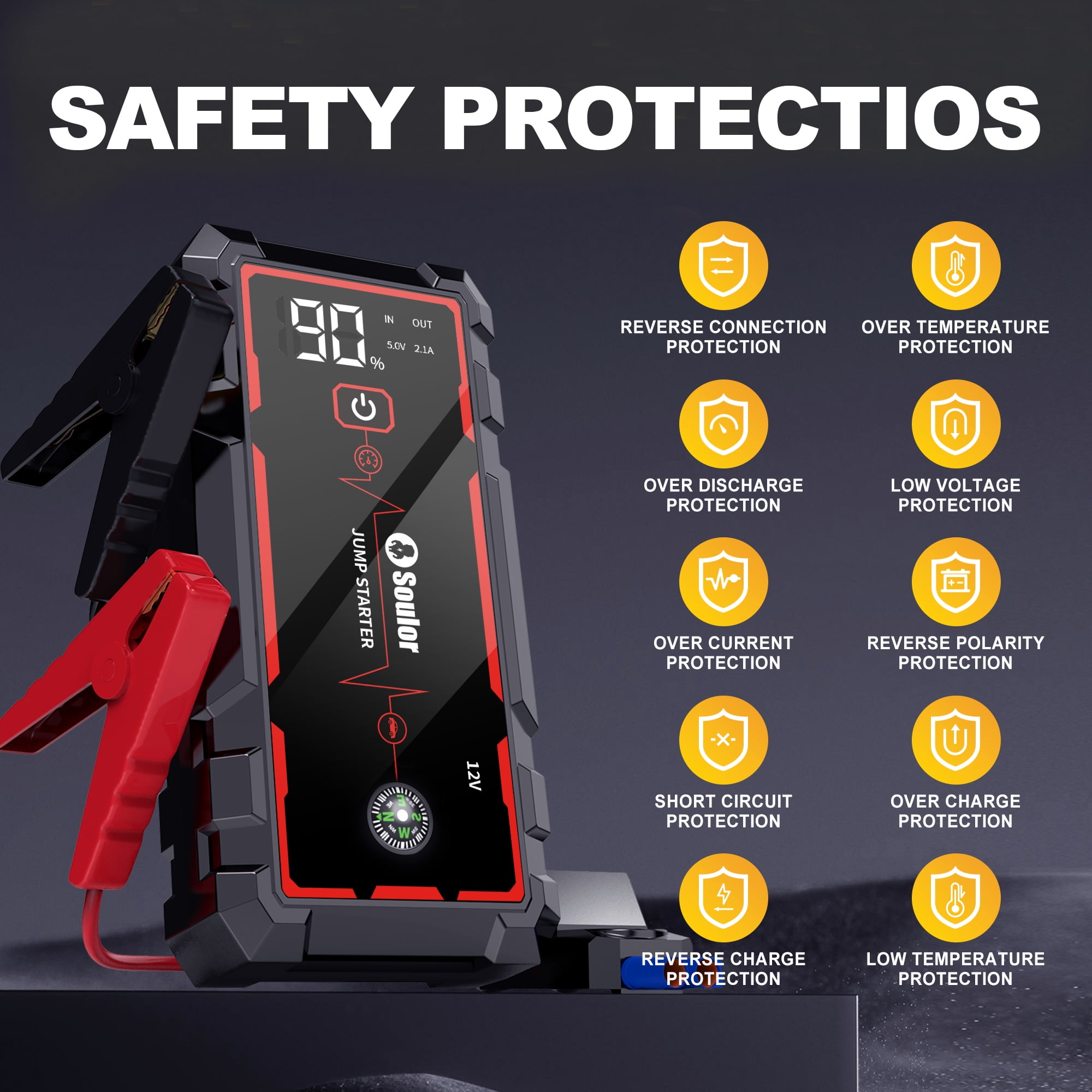 Soulor 3000A Portable Car Battery Jump Starter with Dual USB Power Bank (Black, 12V) hf722
