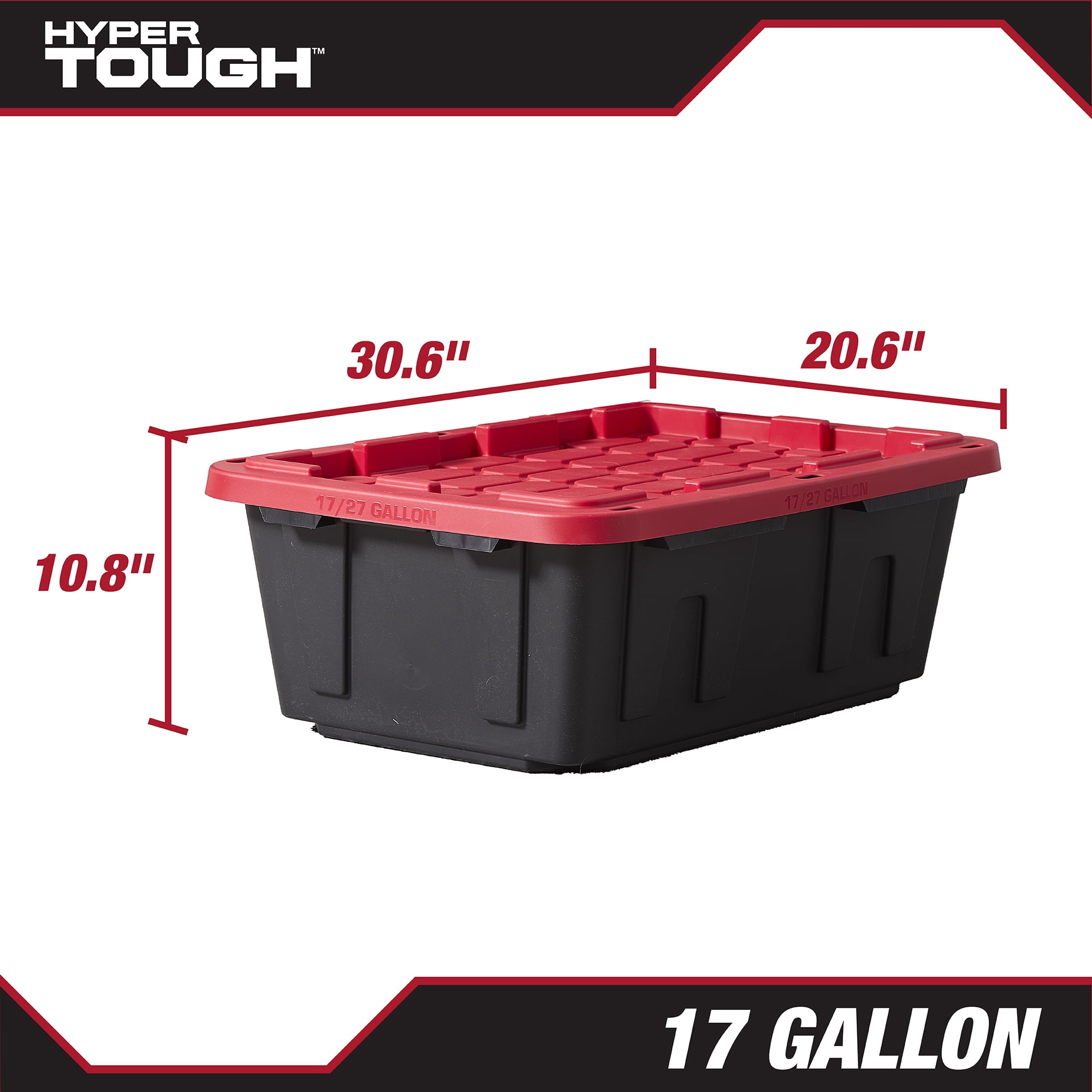 Hyper Tough 17 Gallon Heavy Duty Plastic Storage Bin with Snap Lid (Black and Red, 17 Gallon) osn3w