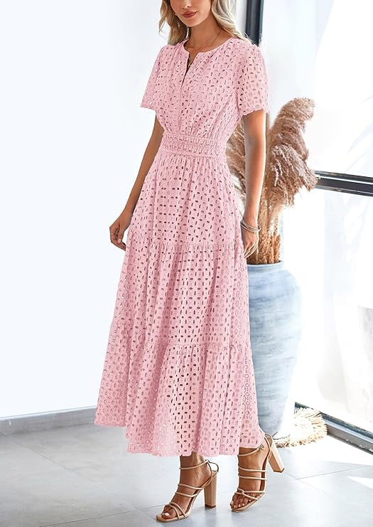 PRETTYGARDEN Womens Summer Maxi Dress V Neck Short Sleeve Eyelet A-Line Flowy Beach Vacation Dress (Pink, XL) x6cup