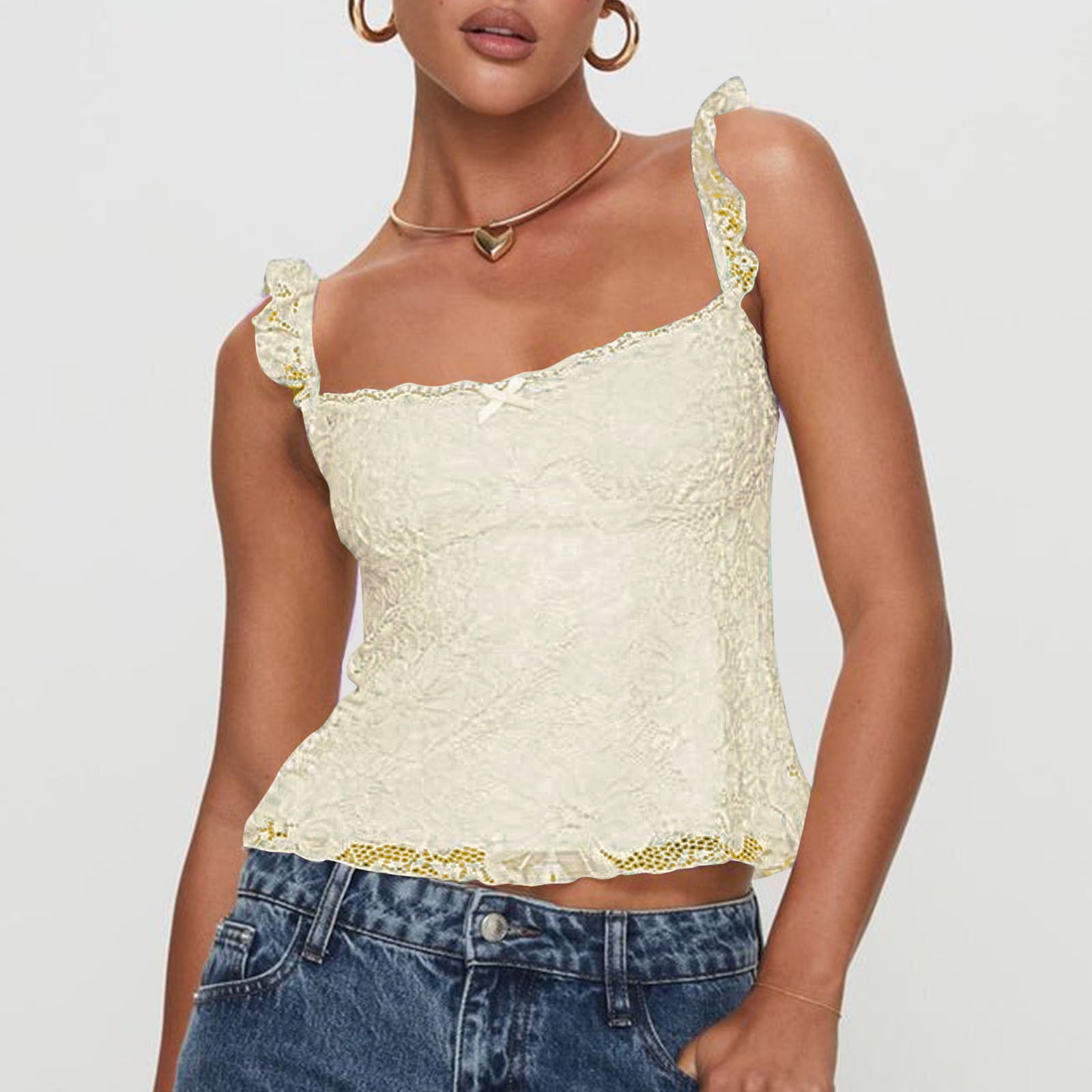 Aloohaidyvio Women Y2k Lace Tank Top Sleeveless Summer Crop Camisole (Beige, S) rf8no