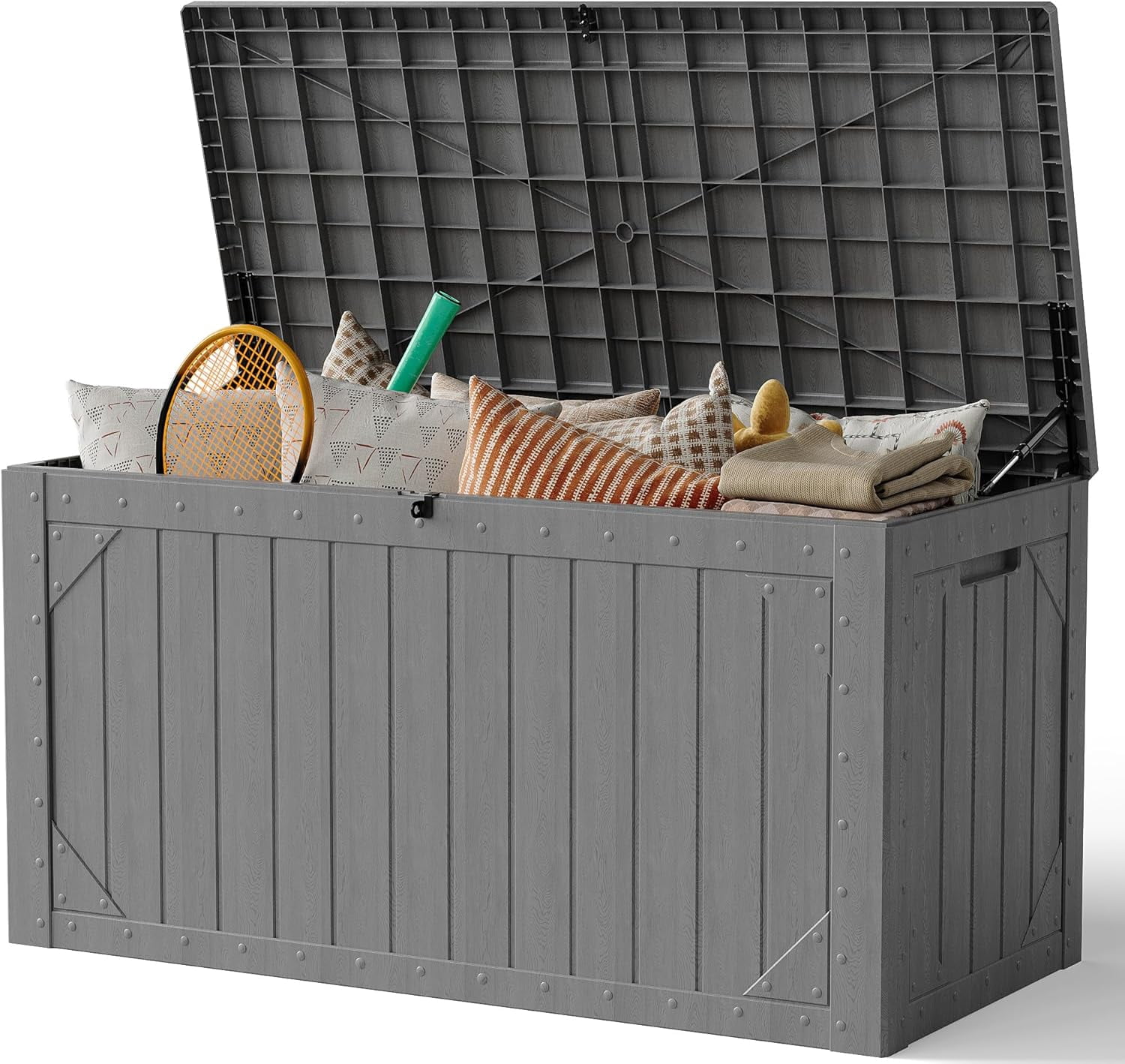 ToyKAKA 100 Gallon Outdoor Storage Box, Weather-Resistant Resin Deck Organizer for Patio Cushions and Garden Tools (Gray, 100 Gallon) mwgfz