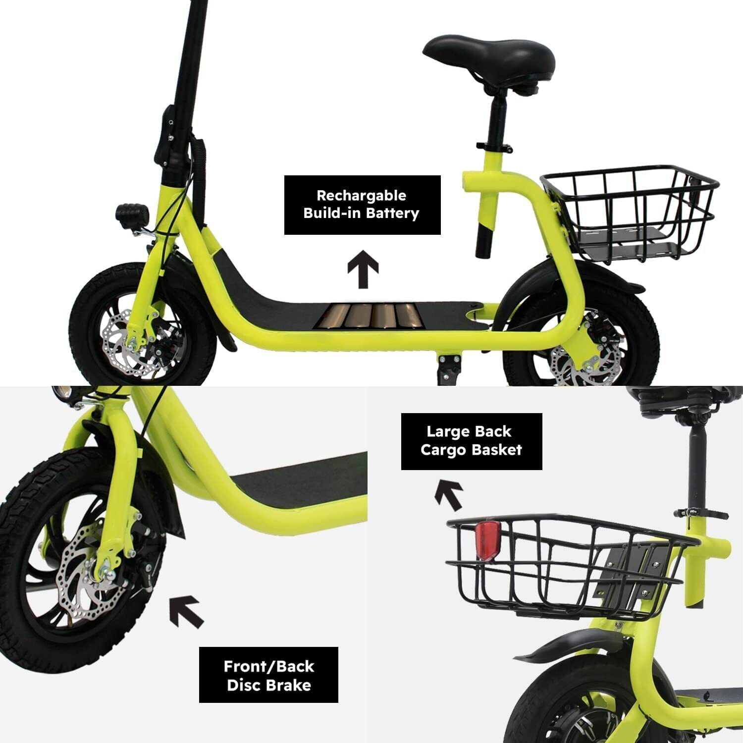 Lohoms 450W 36V Foldable Electric Commuter E-Bike with Seat and Basket (Yellow, 12 in Tires) rc78x