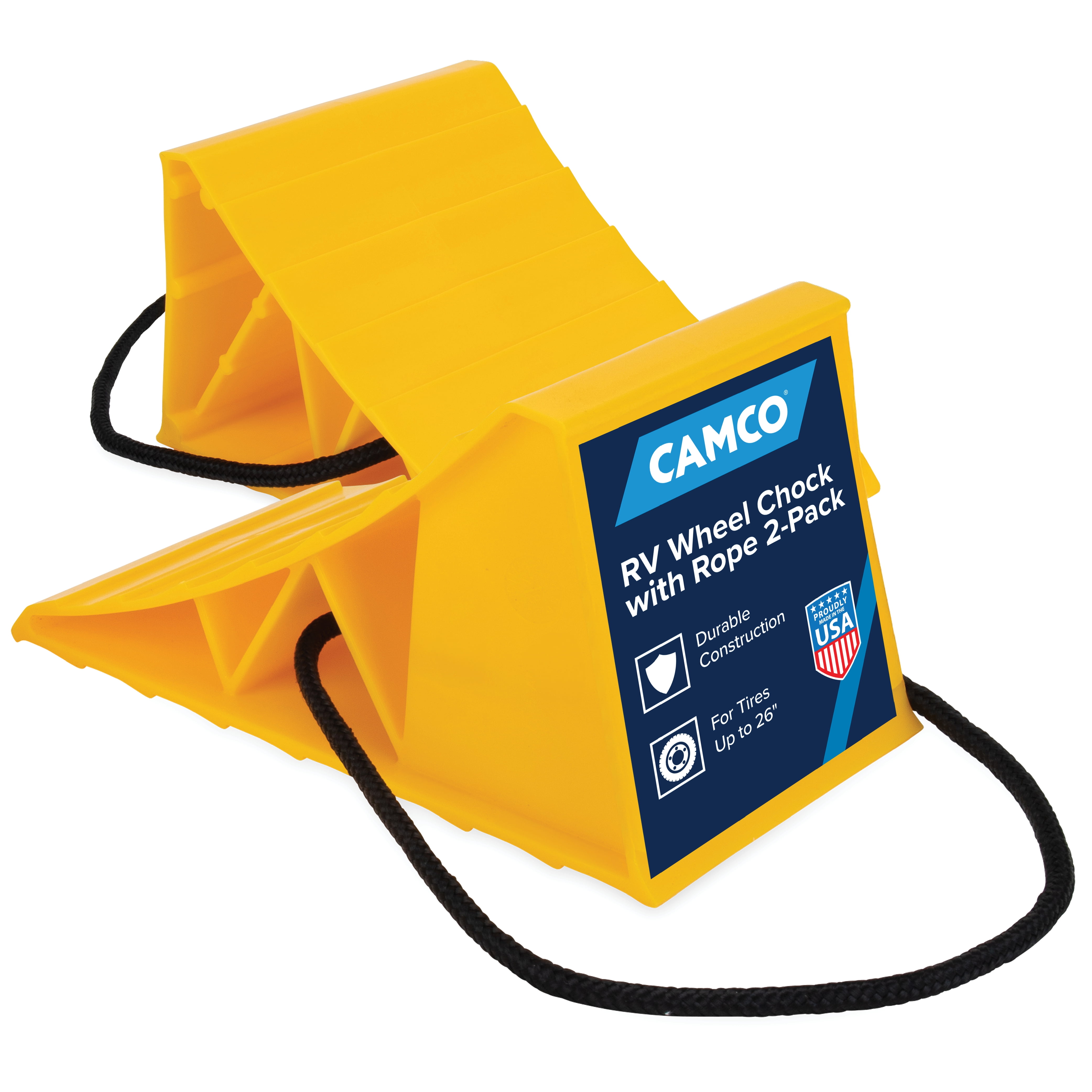 Camco RV Wheel Chocks with Rope for Tires Up to 26 in (Yellow, 2 Pack) ux4dh