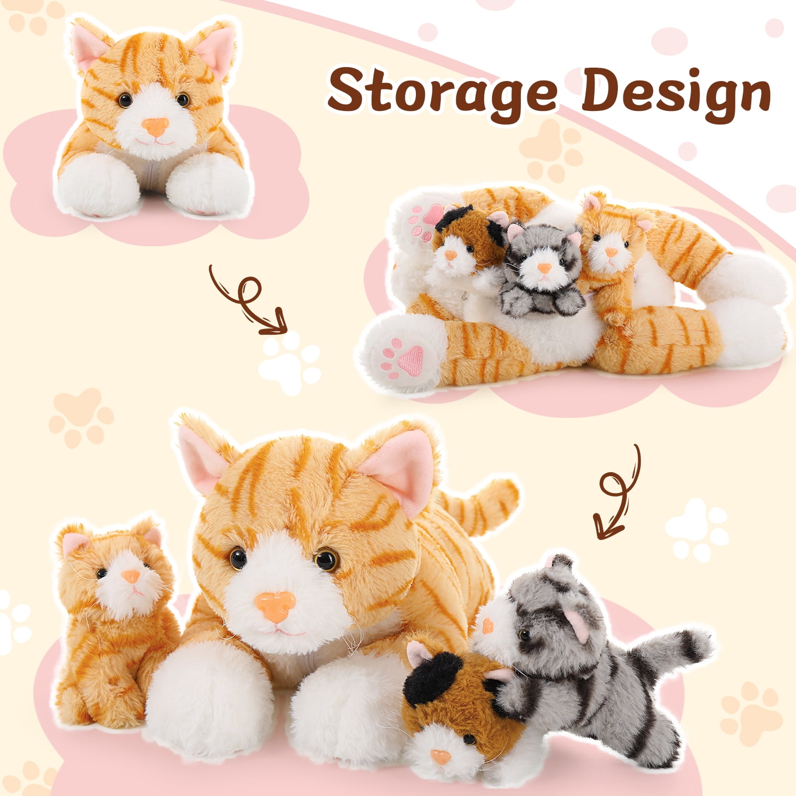 Muiteiur Cat Stuffed Animal Set with 3 Baby Kittens (Yellow, 15.7 in) n2xp4