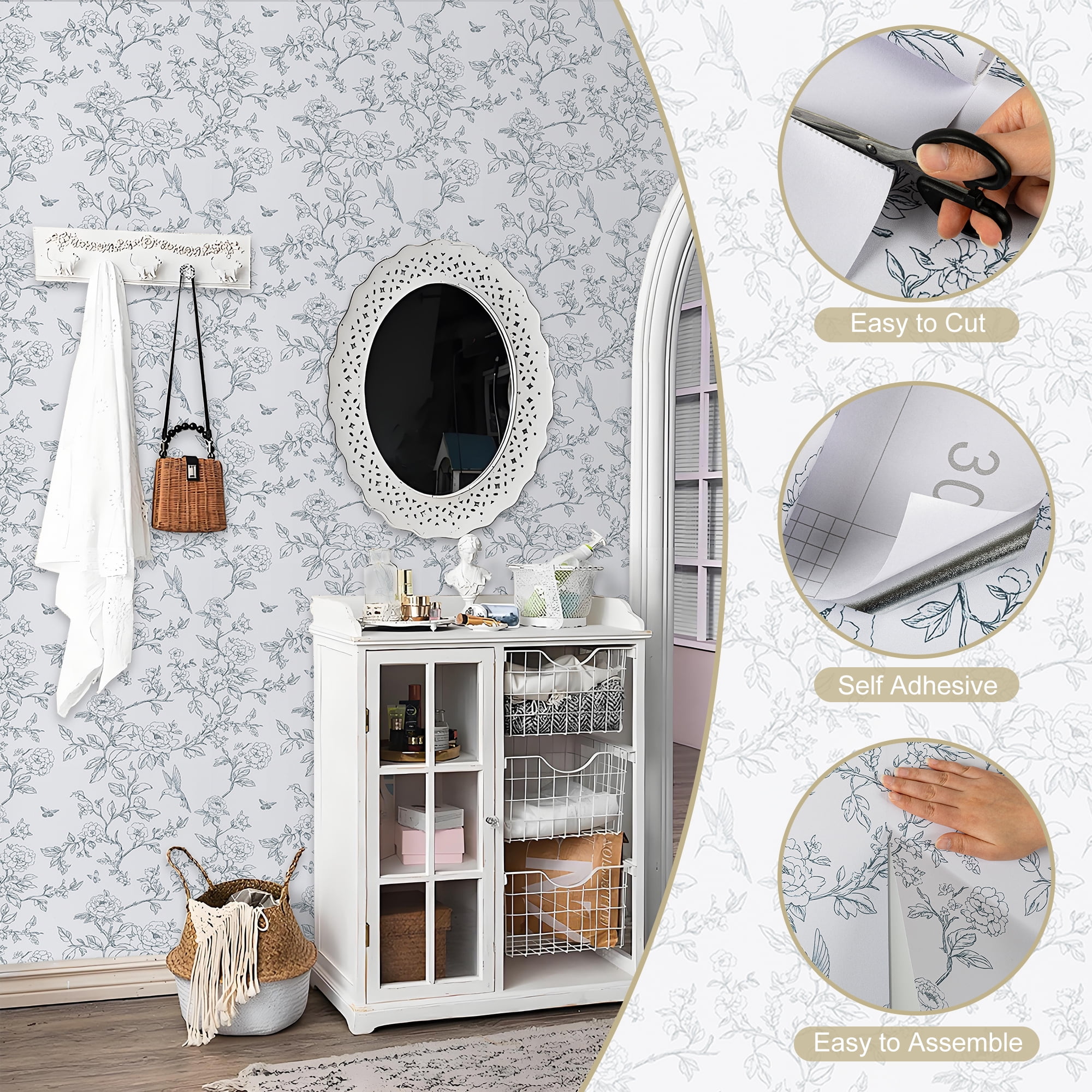 Abyssaly Floral Peel and Stick Wallpaper, Removable Self-Adhesive Vinyl Wall Decor (Off-White, 17.3 in x 118 in) 8m31o