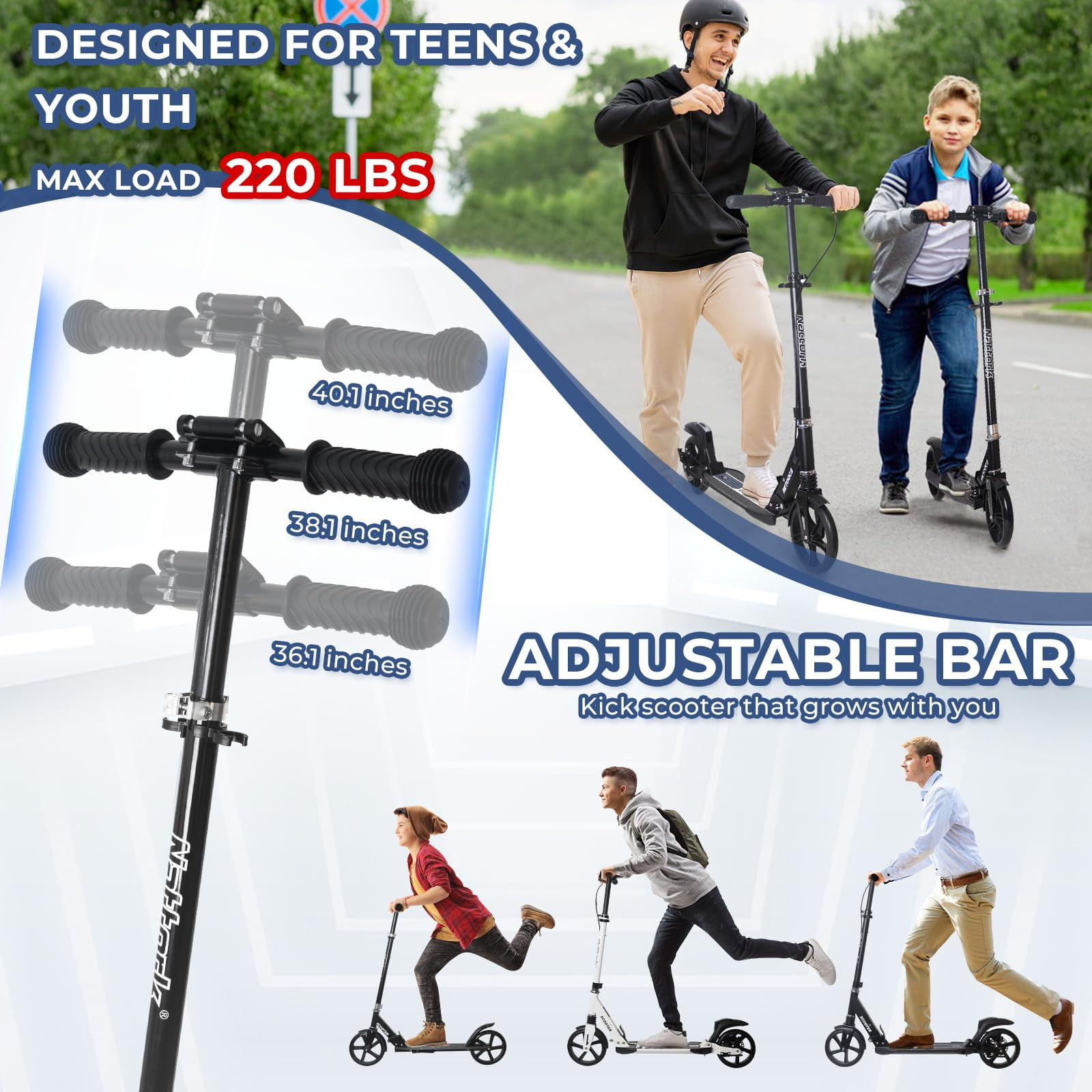 MammyGol Kick Scooter for Kids and Teens, Adjustable Height Folding Scooter with Anti-Shock Suspension (Black, 1 Unit) gz50v
