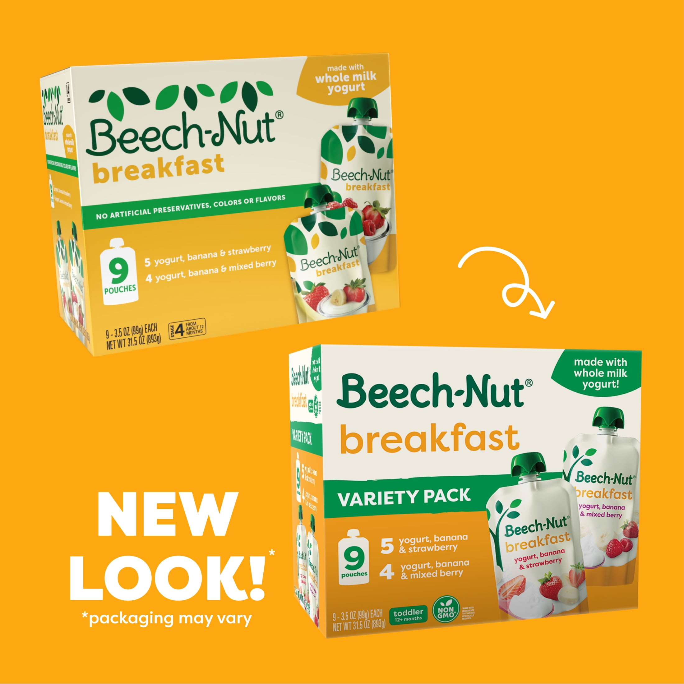 Beech-Nut Fruit & Yogurt Baby Food Pouches, Breakfast Variety Pack, Non-GMO Ingredients (3.5 oz, 9 Pack) 2xhk0