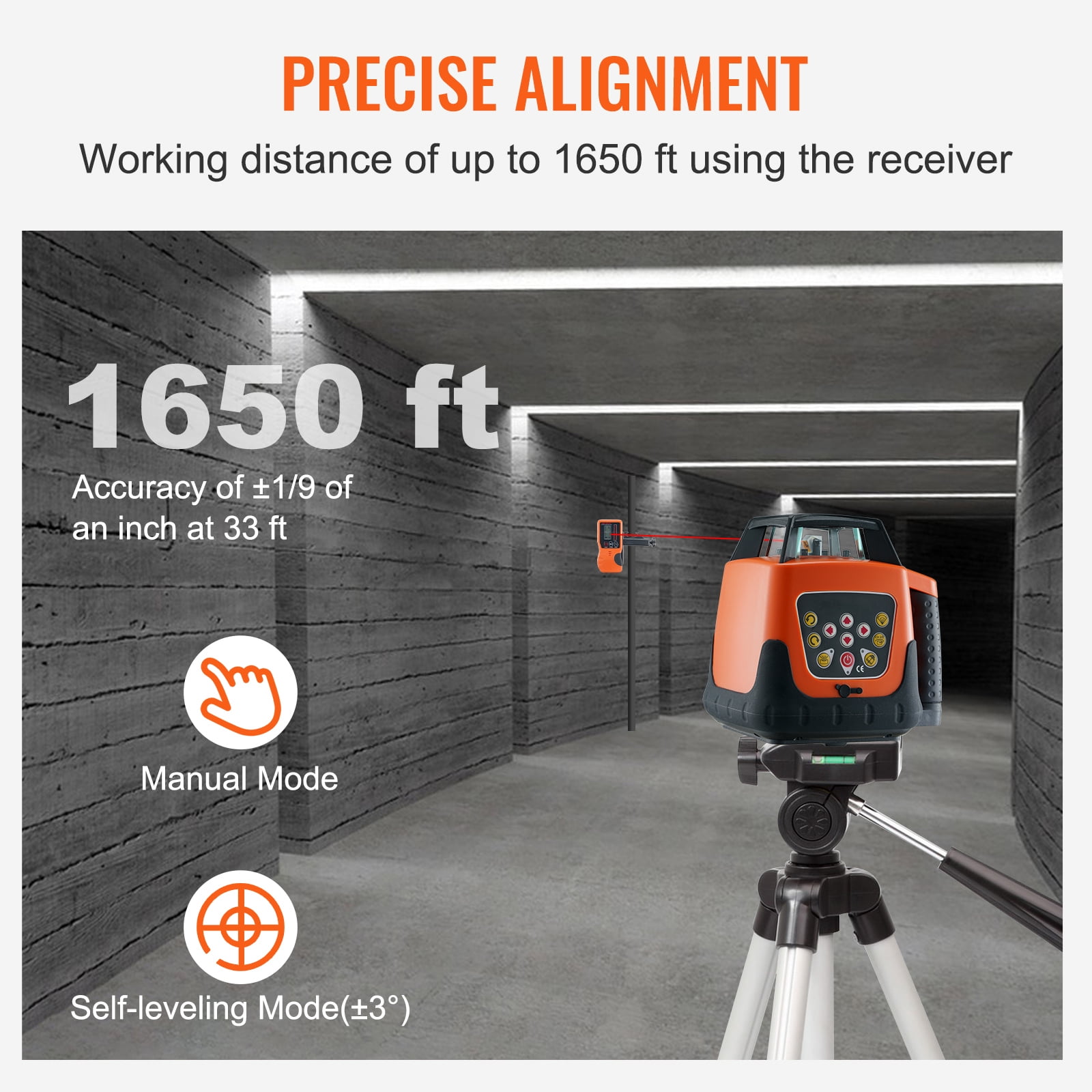 KFFKFF Rotary Laser Level, 360° Self-Leveling Tool with 1650 ft Range, IP66 Water-Resistant, Remote Control & Rechargeable Battery (Red, 1650 ft) etk12