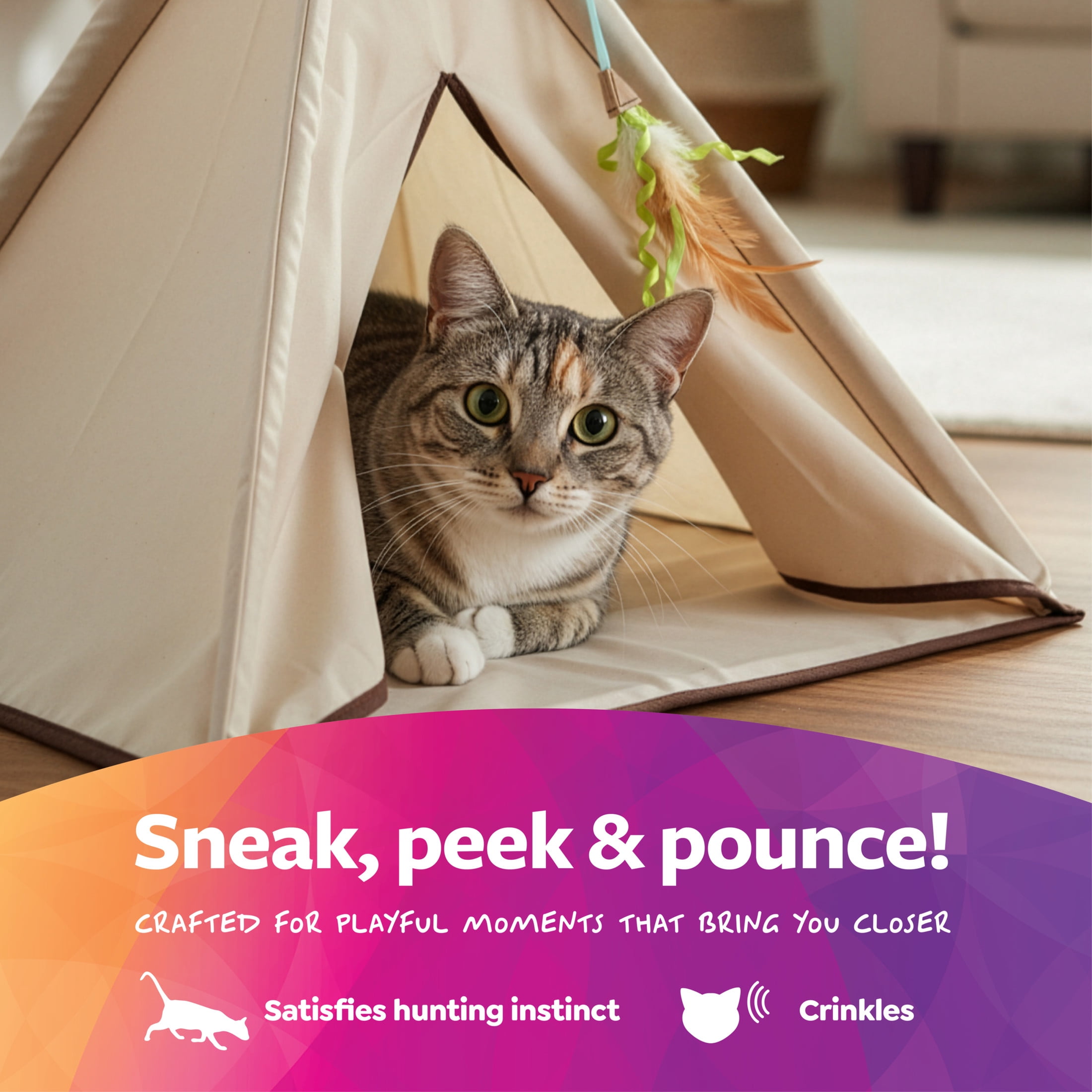 SmartyKat Kitty Camp Crinkle Cat Tent Hideaway with Detachable Dangling Feather Toy (Beige, 18 in x 18 in x 18 in) we4q5