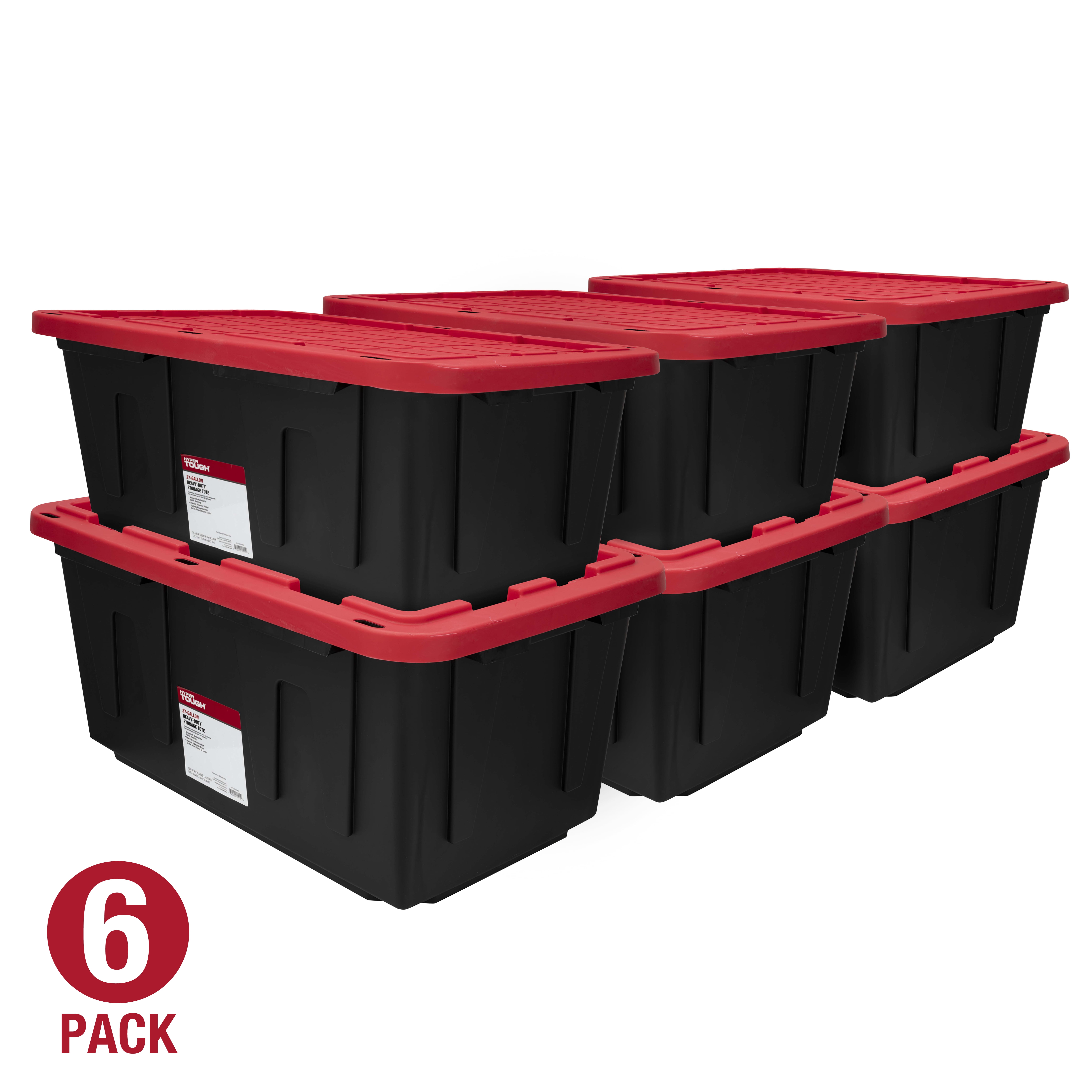 Hyper Tough 27 Gallon Heavy Duty Storage Bin with Snap-Fit Lid (Black and Red, 6 Pack) 6cv5h