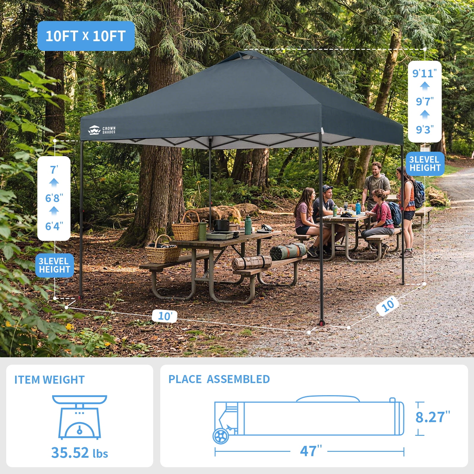 Crown Shades 10x10 Pop Up Canopy Tent with Patented One Push Center Lock (Grey, 10 ft x 10 ft) q6jse