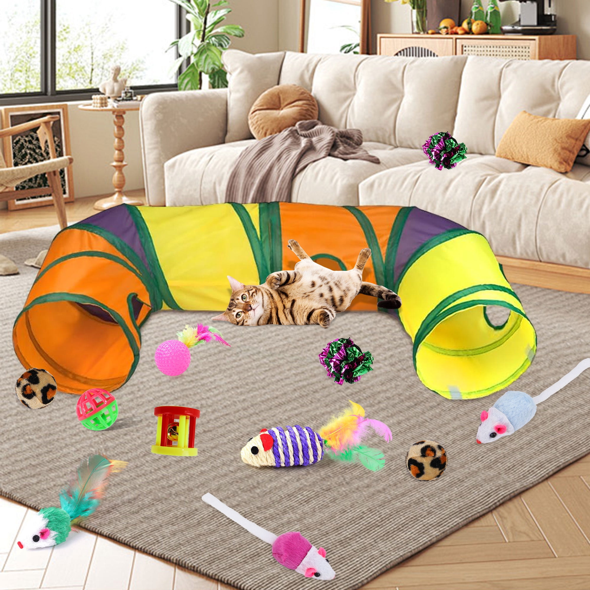 Semfri Interactive Cat Toy Set with L-Shaped Tunnel and Plush Accessories (22-Piece Set) a801x
