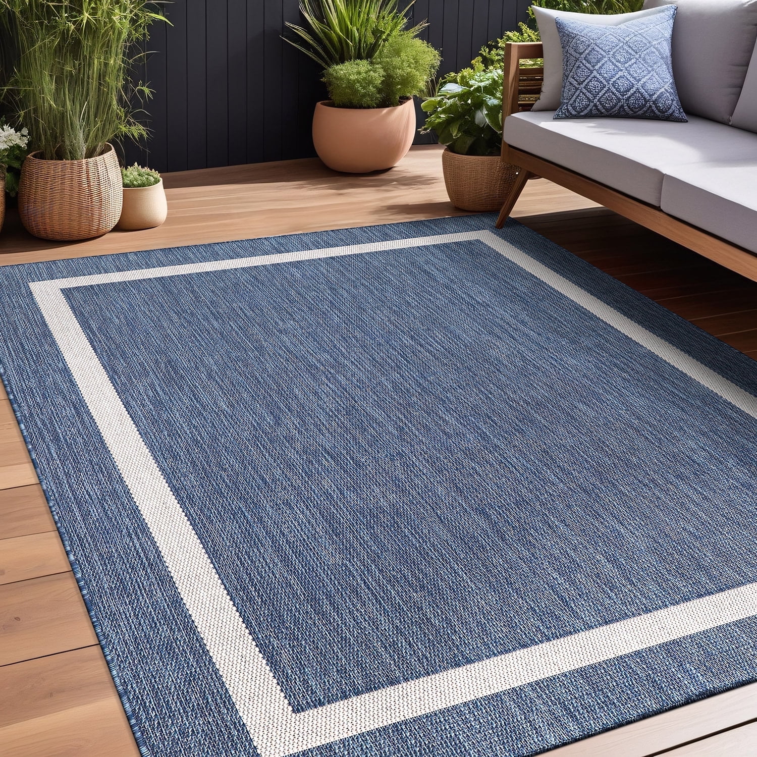 Beverly Rug Indoor/Outdoor Area Rug, Bordered Patio Porch Garden Carpet (Blue and White, 8 ft x 10 ft) 9ji9h