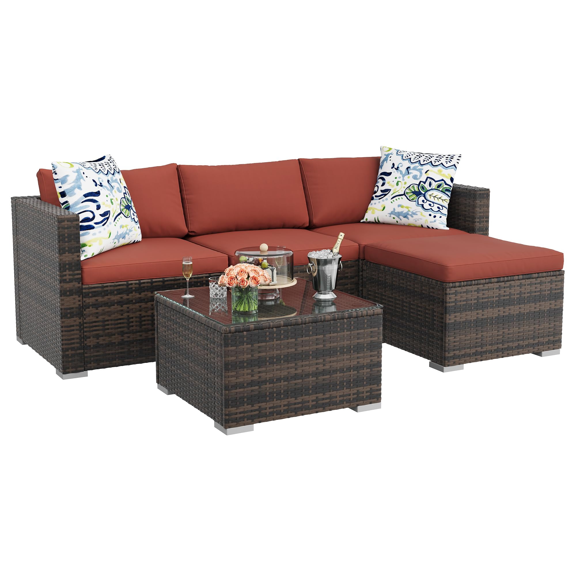 EliteEdge 5-Piece All-Weather PE Rattan Patio Sofa Set, Modular Outdoor Furniture with Tempered Glass Table and Waterproof Cushions (Brown Rattan, Light Grey Cushion, 5-Piece Set) i6xq3