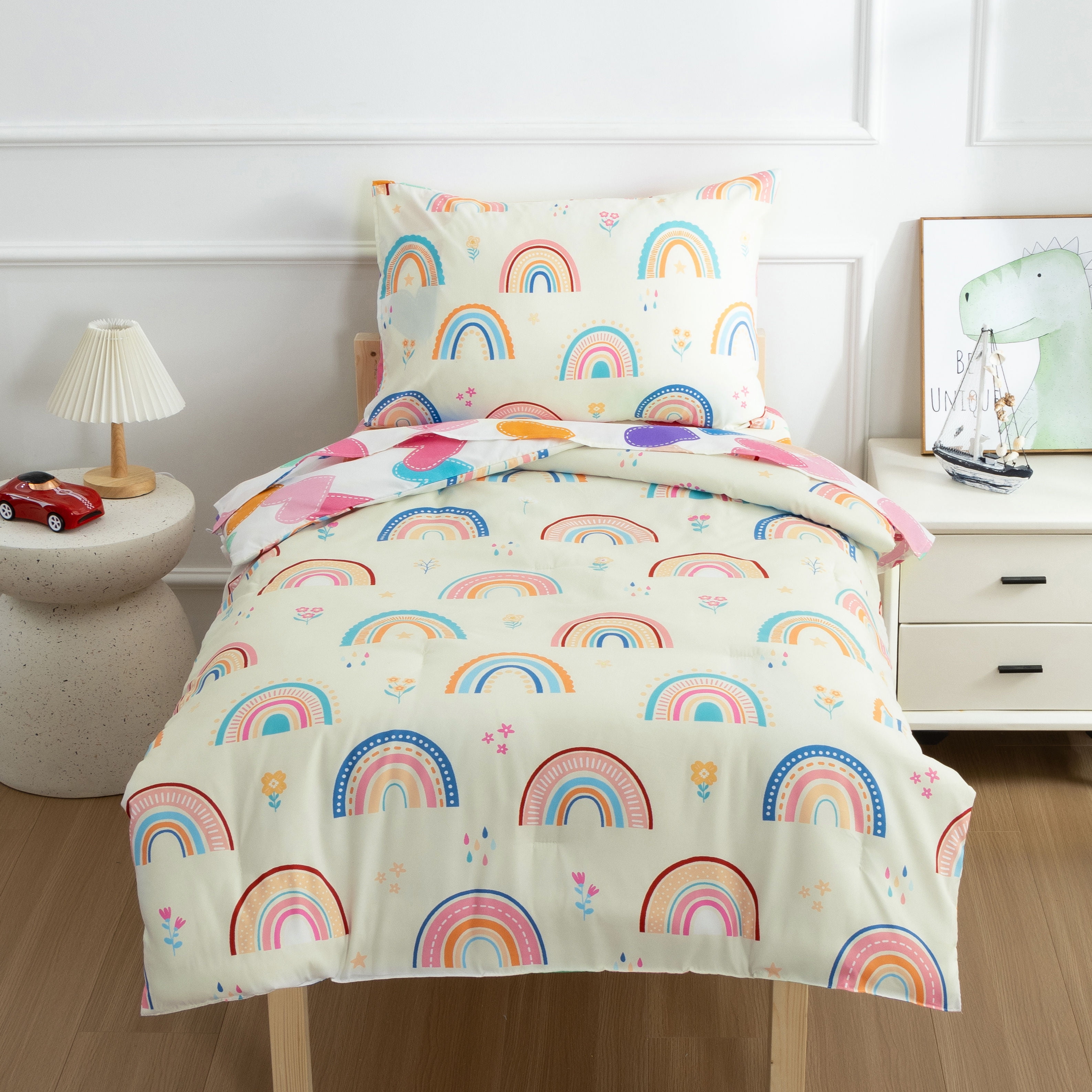 Btargot 4pc Rainbow Toddler Bedding Set, Soft Brushed Microfiber Comforter and Sheet Set (Multi-Color, Toddler Size) hp5qm
