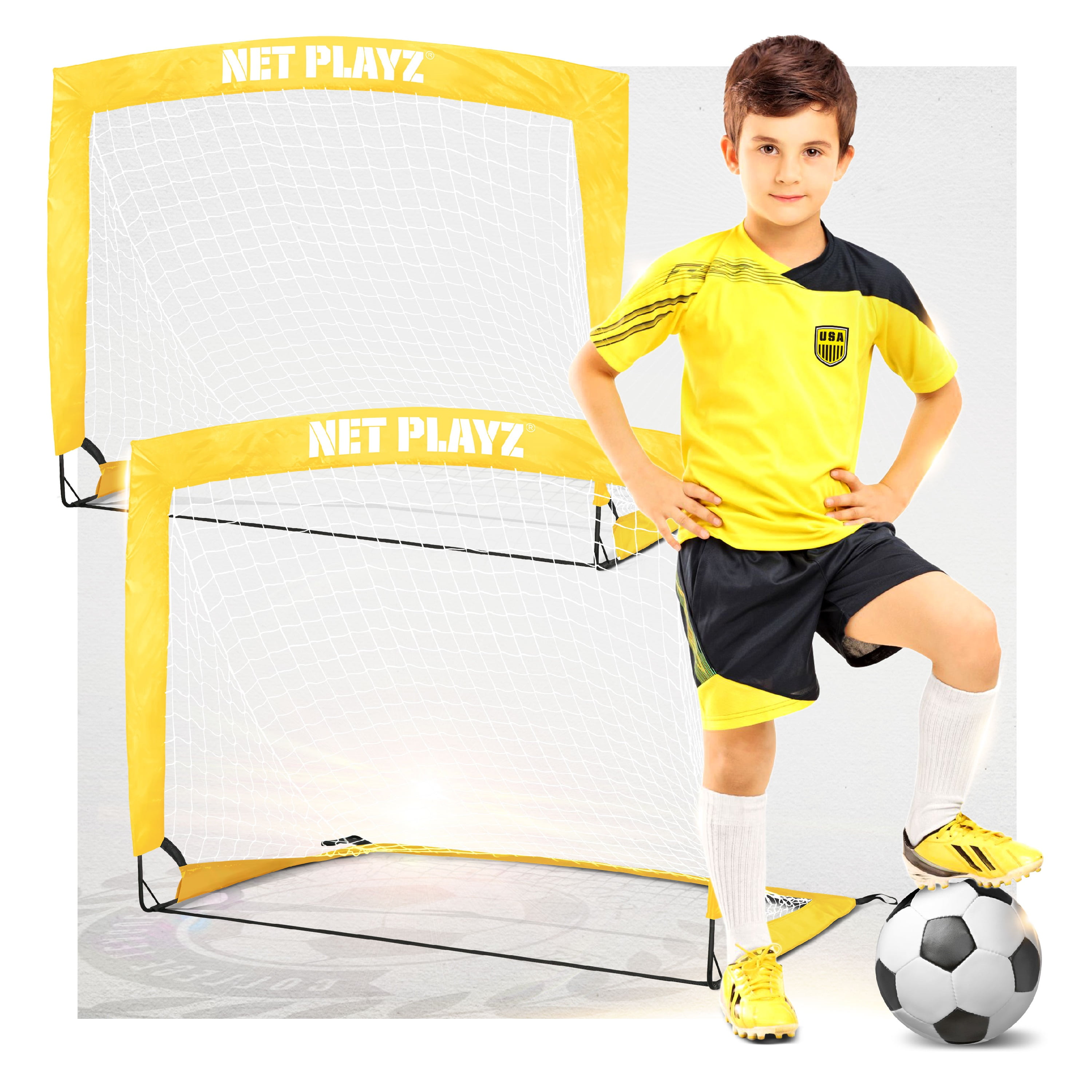 NET PLAYZ Pop-up Soccer Goal Net Set (Portable Backyard Sports Training Equipment, Yellow, Set of 2) 6t0yx