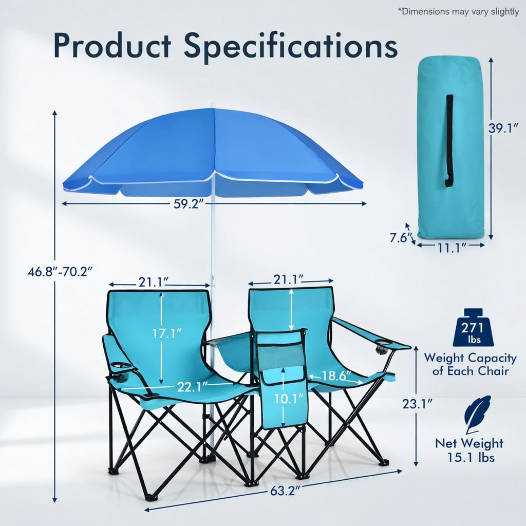 Topcobe Double Folding Picnic Chair with Umbrella and Cooler Bag (Turquoise, 2-Seat) il2p3