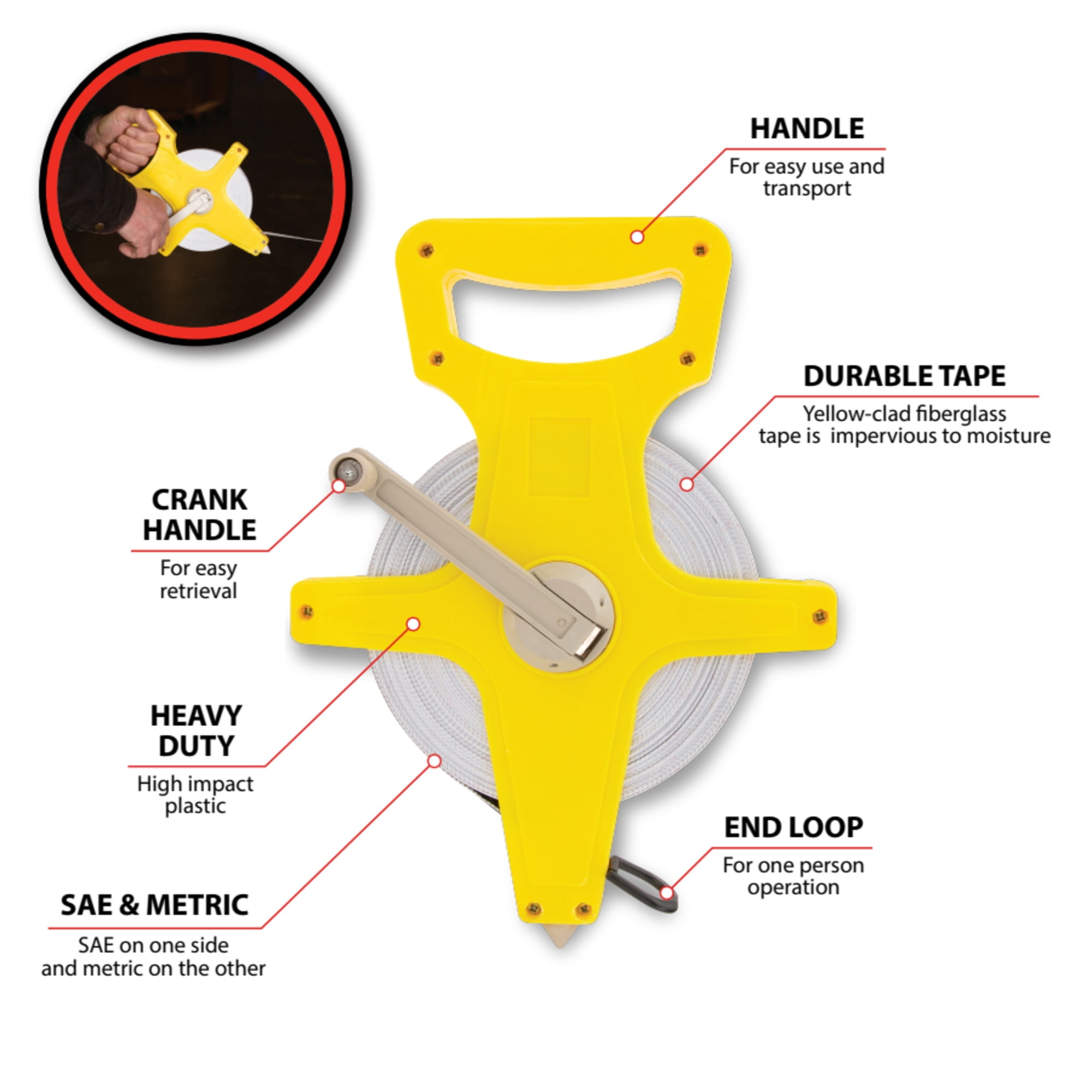 Performance Tool 1942 Open Reel Tape Measure, Heavy-Duty Measuring Tool (Yellow, 150 ft) 0y5ax