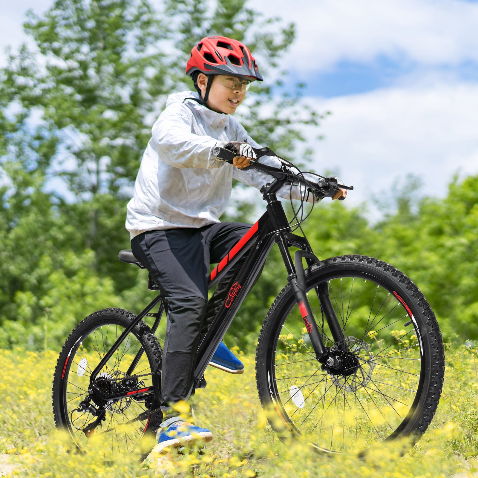 Ktaxon 24 in Mountain Bike with Shimano 21 Speed Drivetrain and Disc Brakes (Black Red, 24 in) 7gah1