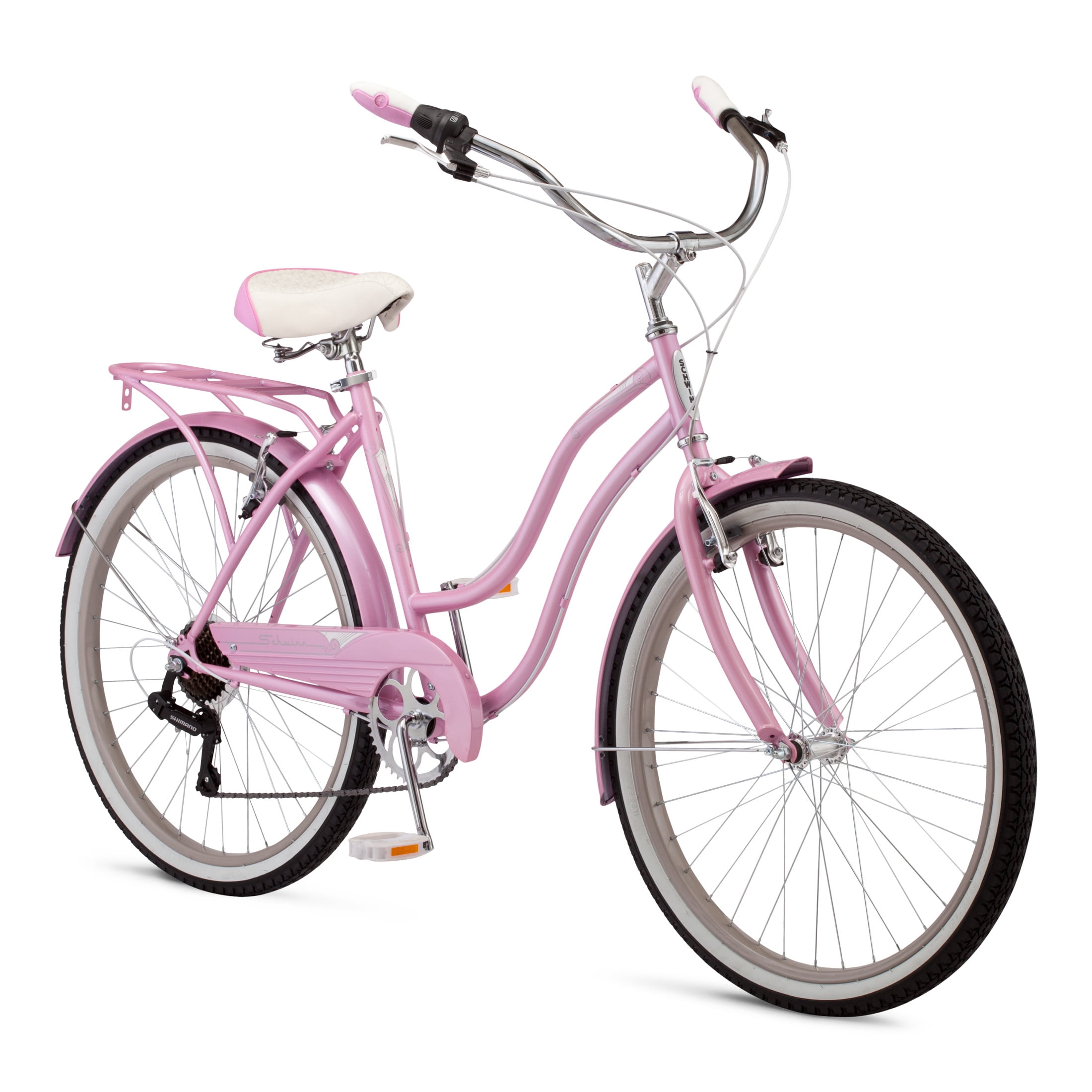Schwinn Perla Cruiser Bike, 7-Speed Step-Thru Frame, Comfortable Upright Riding Position (Pink, 26 in) fo6l2
