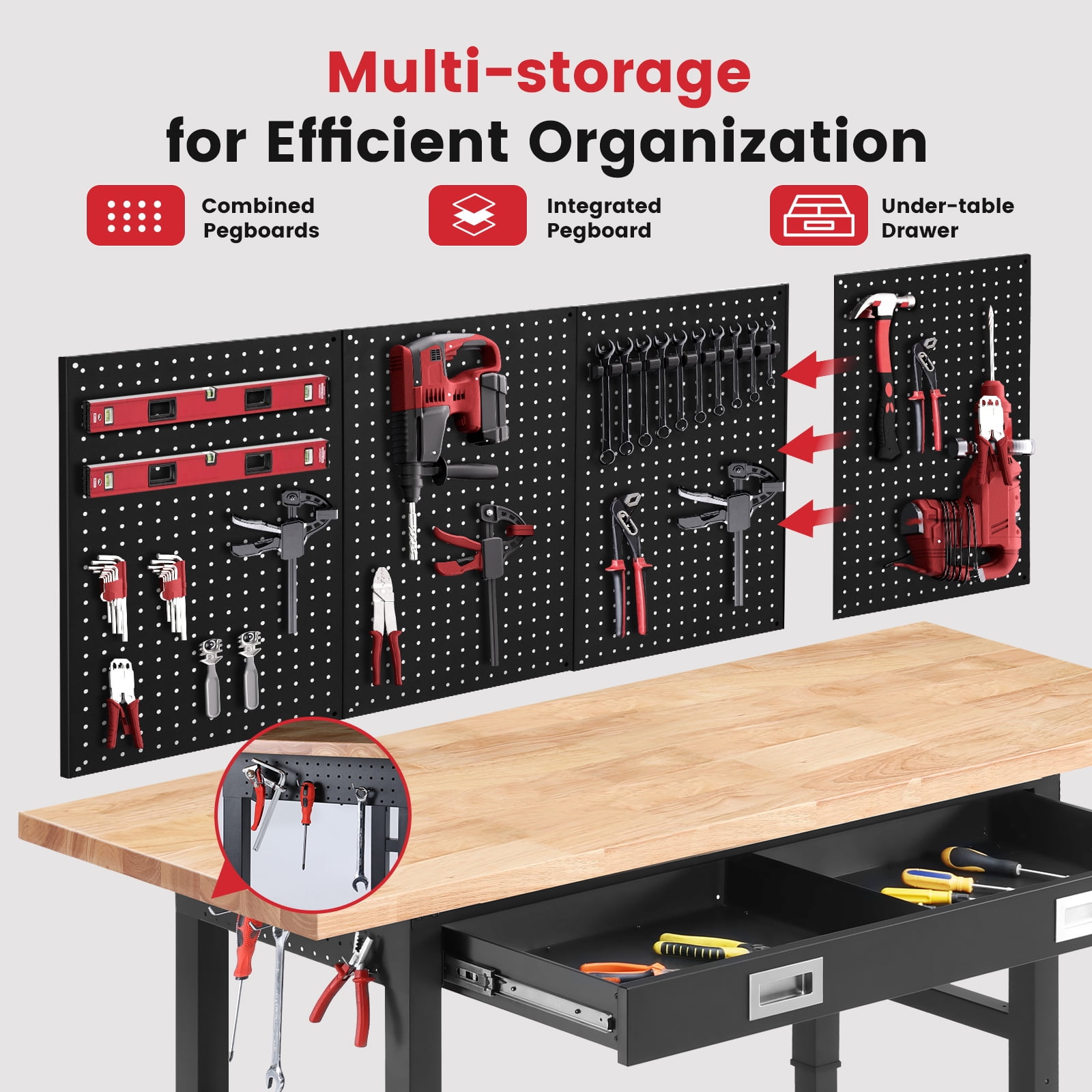 ENJOYWOOD Heavy Duty Garage Workbench with Pegboard and Drawers (Brown, 60 in) a6cz5