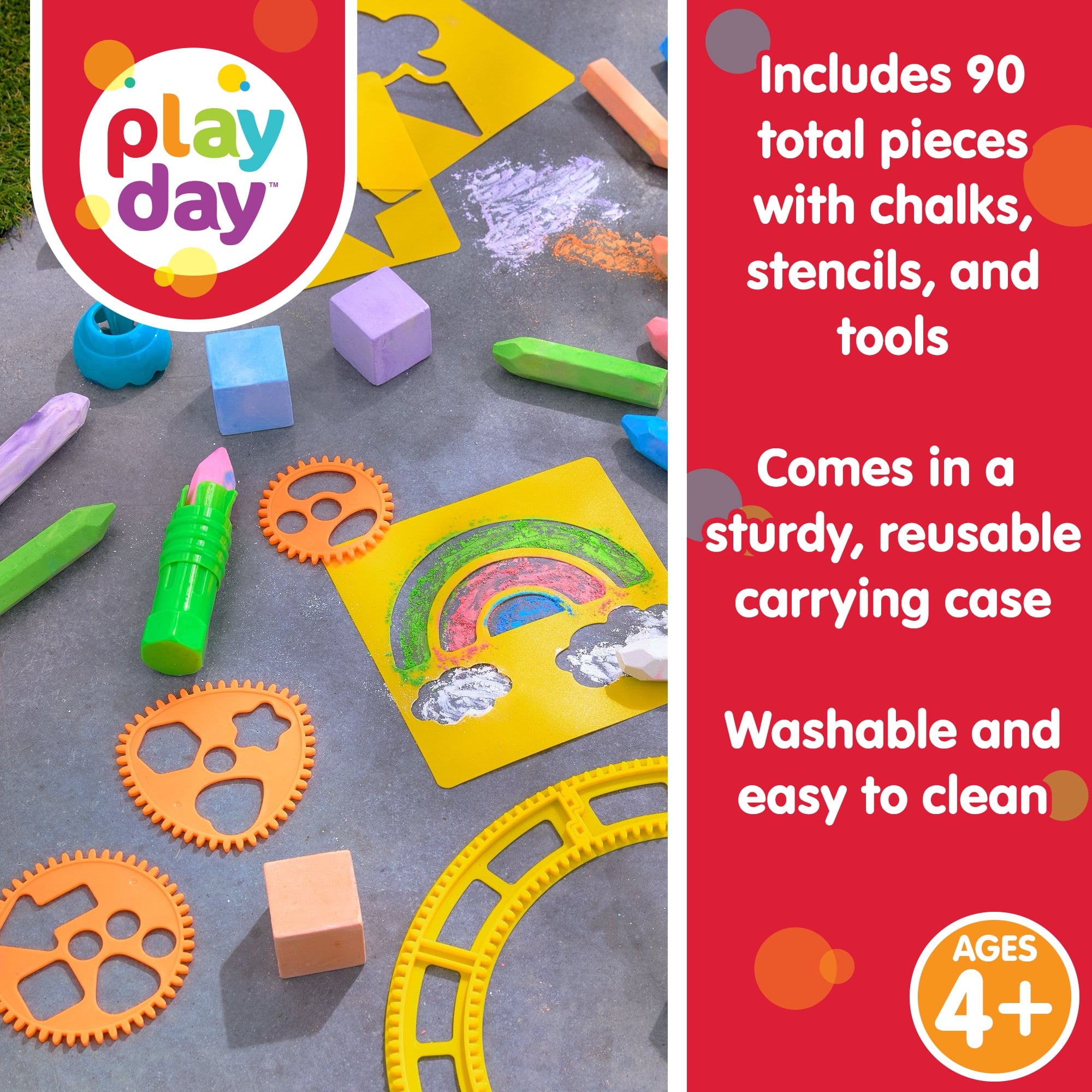 Play Day 90-Piece Sidewalk Chalk Set with Stencils and Tools (Multicolor, 90-Piece) 9ycvc