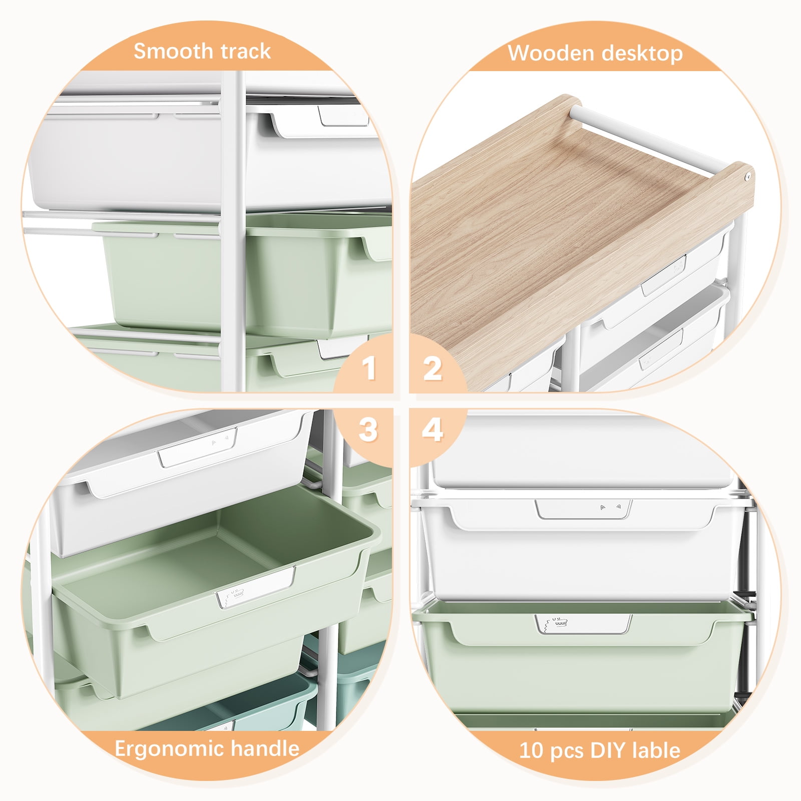 KINGRACK 10-Drawer Rolling Storage Cart with Wooden Tabletop (Green, 15.35 in x 12.6 in x 38.2 in) 4vlwt
