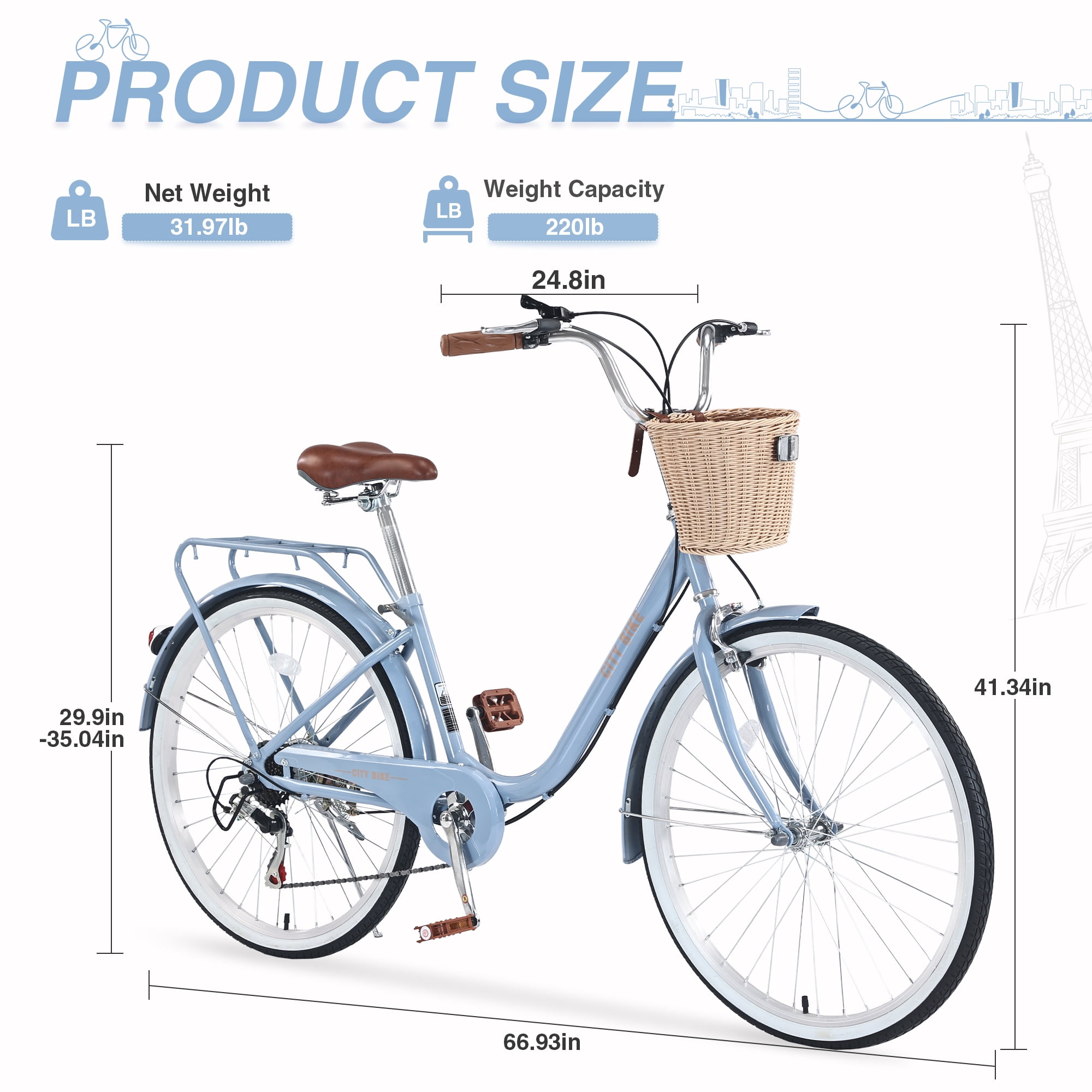 Aezusy Women's 26 in Beach Cruiser Bike, Shimano 7-Speed Commuter Bicycle with Basket (Blue, 26 in) gcyq2