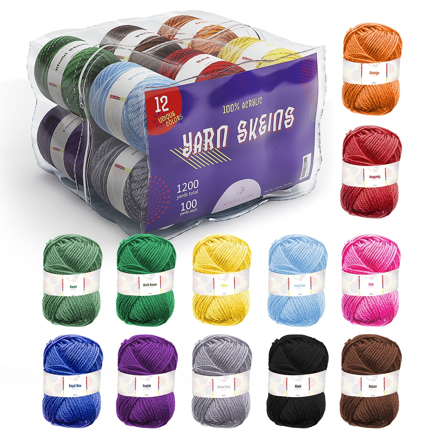 CraftBud Crochet Yarn, Soft Acrylic Hand Knitting Yarn for DIY Craft Projects (Multi-Colored, 12-Pack, 1200 Yards) 9rajo