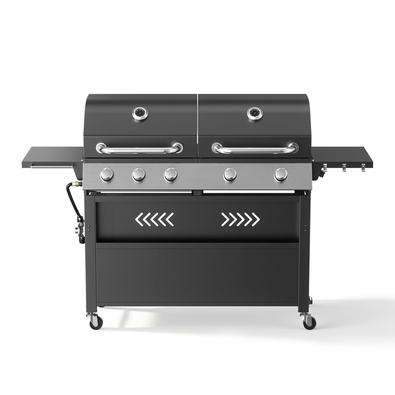 Patiobula 5-Burner Propane Gas Grill and Griddle Combo with Dual Stainless Steel Lids (Black, 64 in W) 1wq56