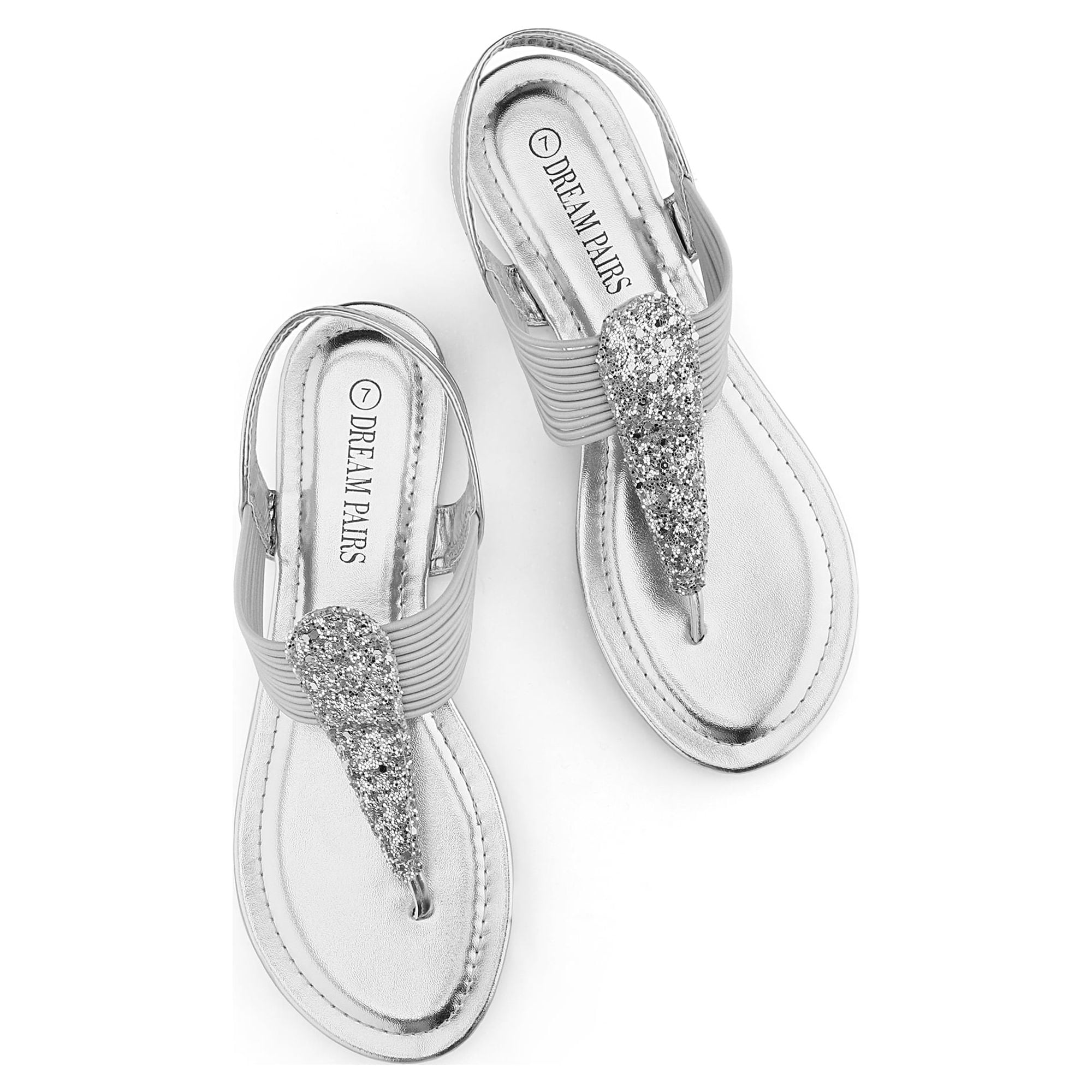 Dream Pairs Women Rhinestone Elastic Strappy Thong Sandals Summer Gladiator Flat Sandals (Silver, 7) jiu6d