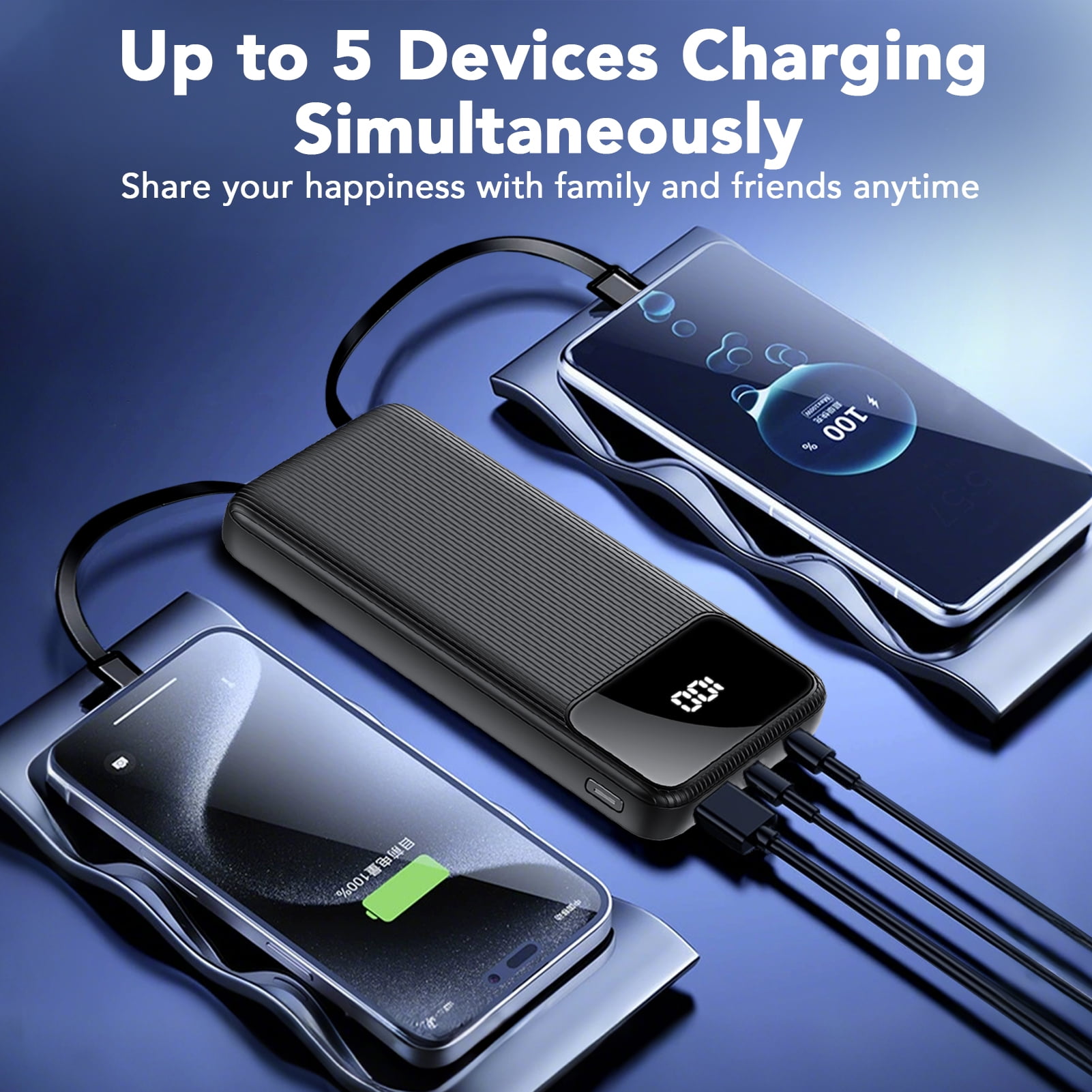 Tikland 20,000mAh Portable Charger Power Bank with Built-in Cables (22.5W Fast Charging, LED Display, Black) dhr48