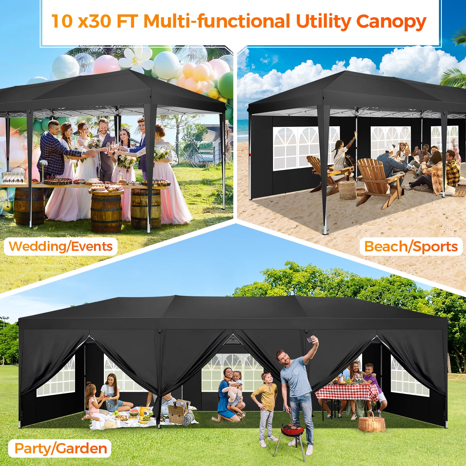 SANOPY 10 x 30 ft Pop Up Canopy Tent, Heavy-Duty Commercial Outdoor Shelter with 8 Removable Sidewalls and Carrying Bag (Black, 10 x 30 ft) oep66