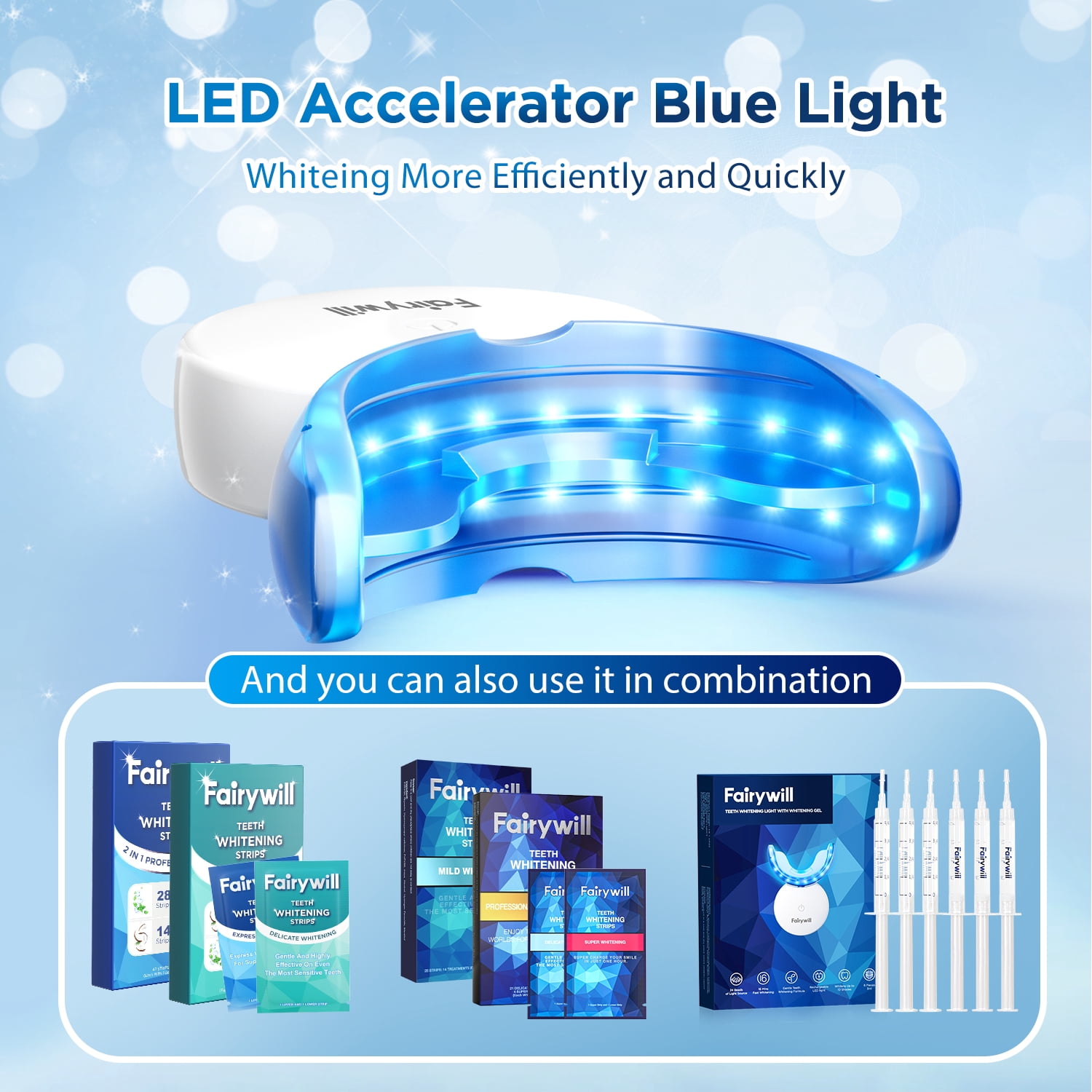 Fairywill LED Teeth Whitening Strips Kit with Blue Light Accelerator (White, 28 Strips) 95cho