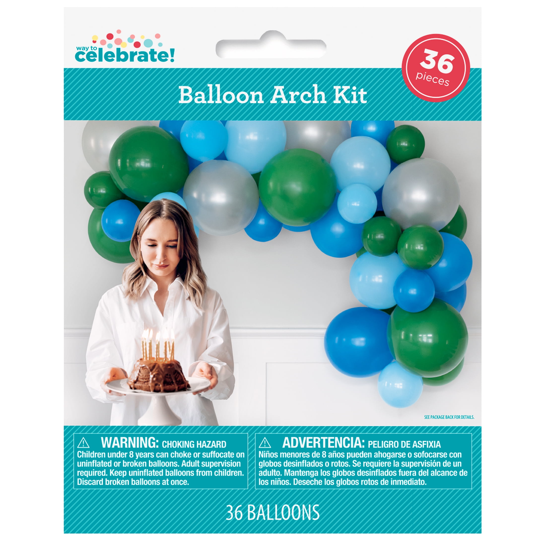 Way To Celebrate Latex Balloon Arch Kit, Party Decoration Set (Blue, Green, Silver, 36 Pieces) tegha