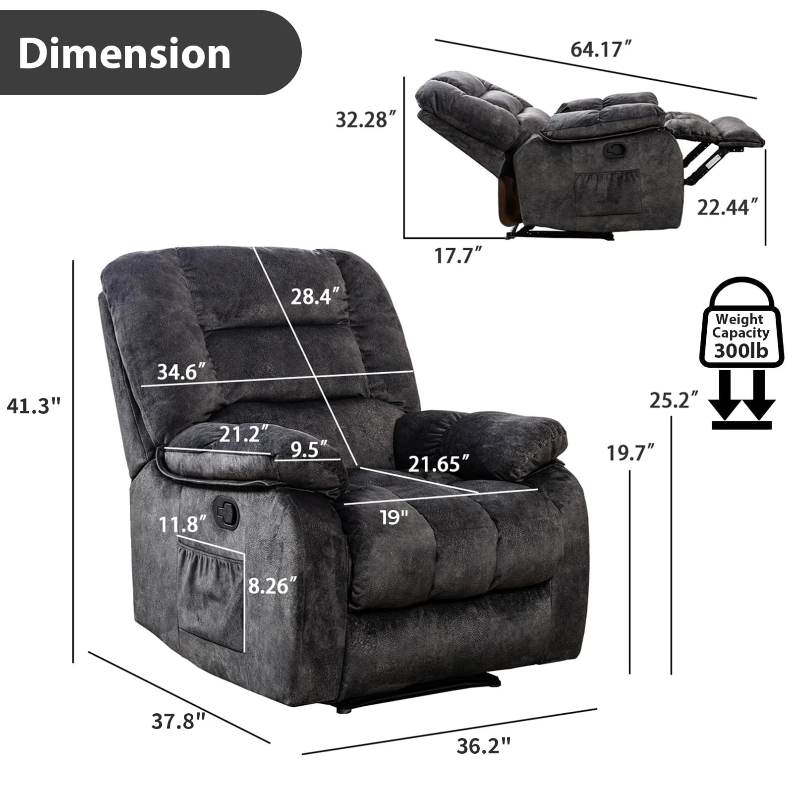 Ebello Massage Recliner Chair with Heat and Vibration, Ergonomic Manual Reclining Chair for Living Room (Dark Gray, 36 in) 0a0aq
