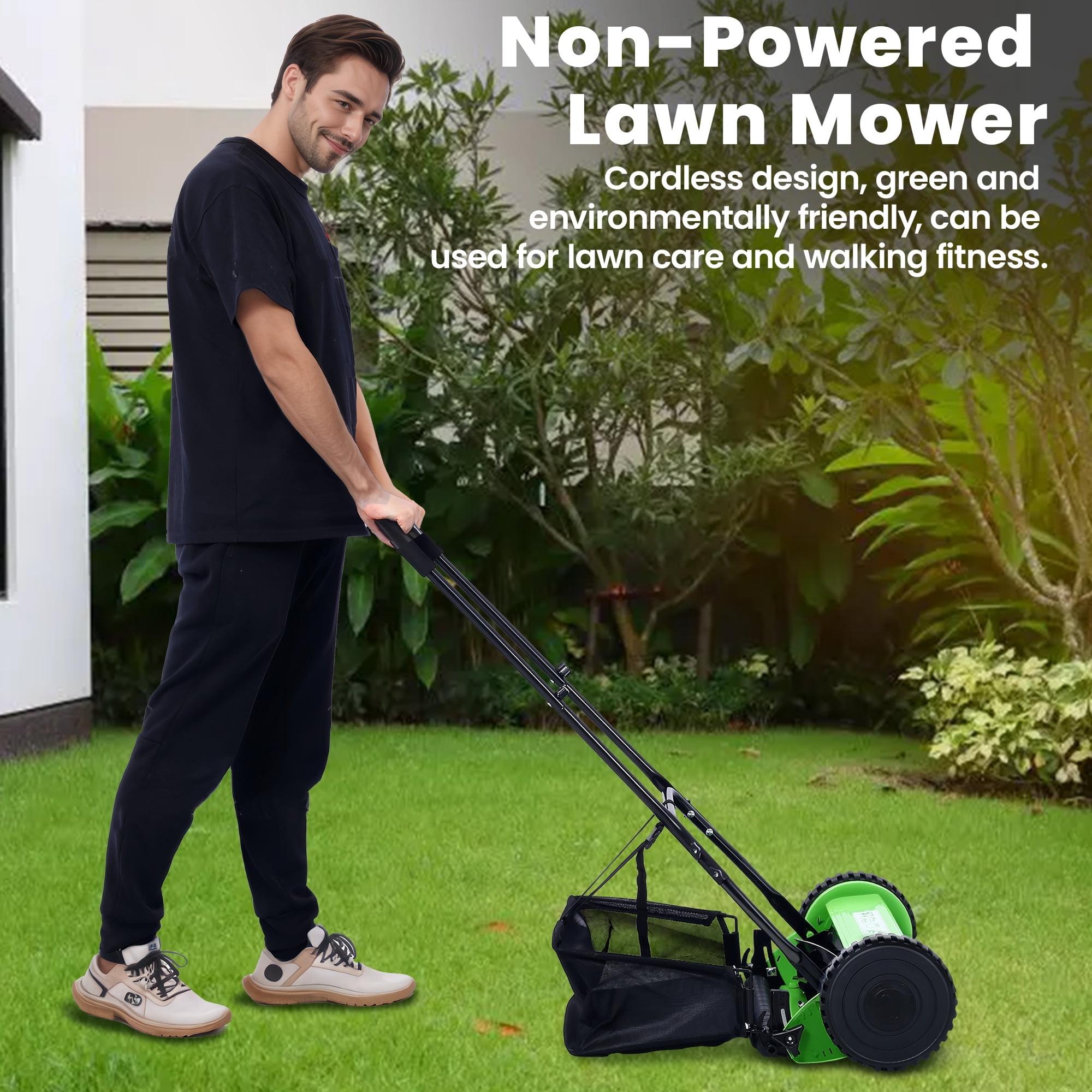 Seizeen 14-Inch Manual Reel Lawn Mower with Grass Catcher (5-Blade, Adjustable Height 0.6-1.8 in, Green) kbz66