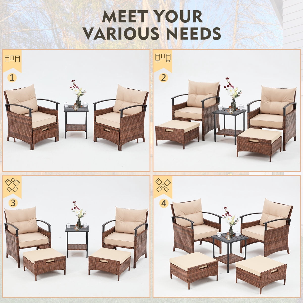 U-HOMY 2-Person Patio Conversation Set with Cushions and Footrests (Beige, 2-Piece) dj4yk
