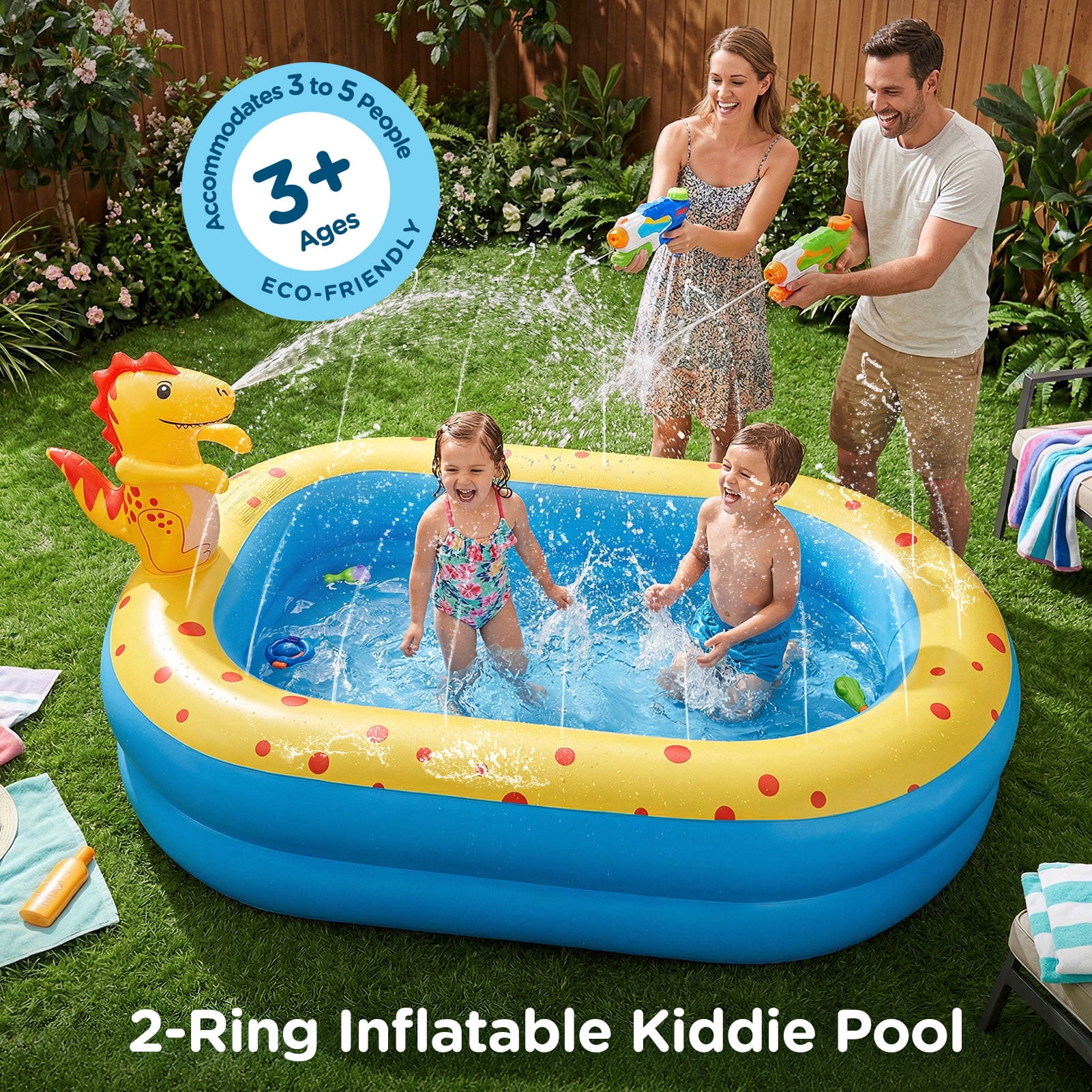 Livhil Dinosaur Inflatable Kiddie Pool with Sprinkler for Outdoor Summer Water Play (Green, 67 in x 41 in x 32 in) d79h6