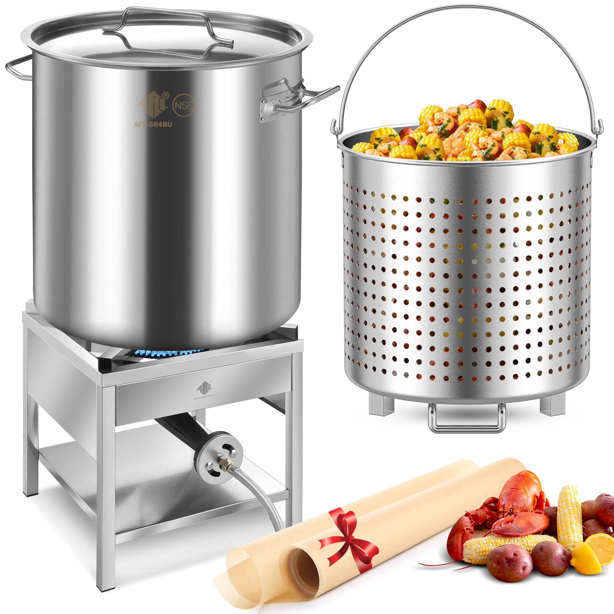 ARC USA 64QT Stainless Steel Seafood Boil Pot with 200,000BTU Propane Burner and Basket (Silver, 64QT) gb80q
