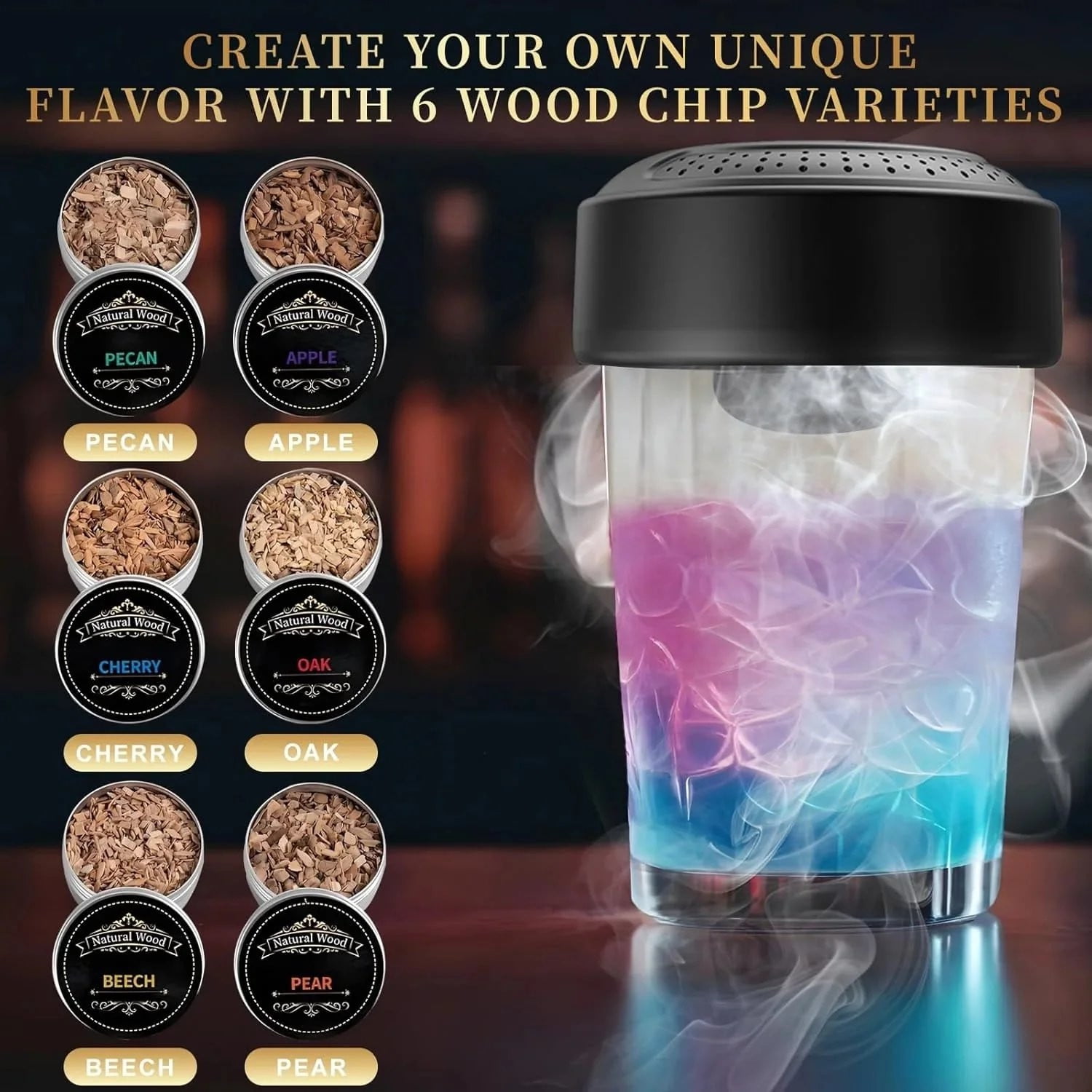 Elainilye Whiskey Smoker Kit with 6 Wood Chips, Cocktail Infuser Set for Bourbon and Scotch (1 Kit) gfmwq