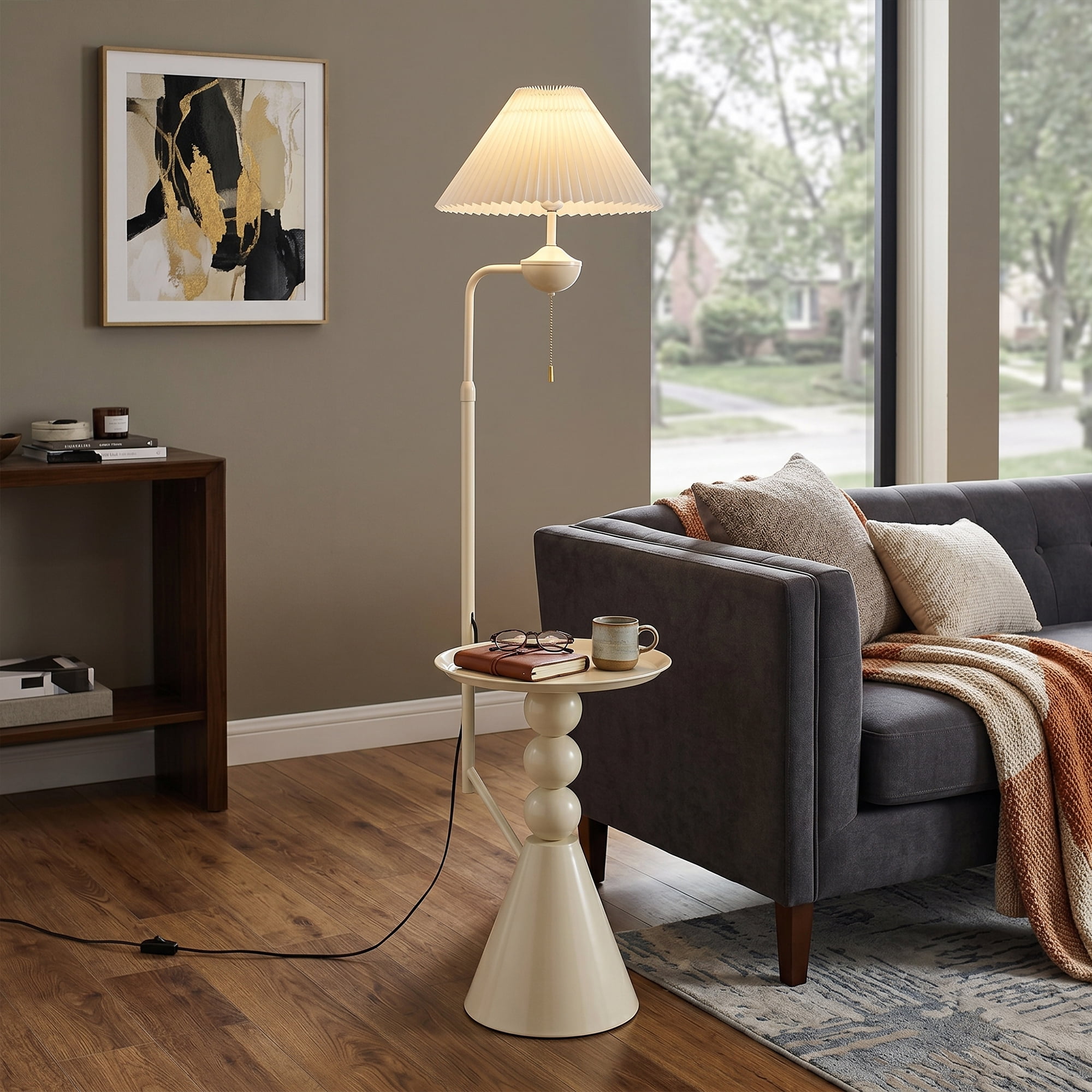 AFANQI Nordic Minimalist Floor Lamp with Integrated Side Table (Cream, 70 in Height) 7z7qk