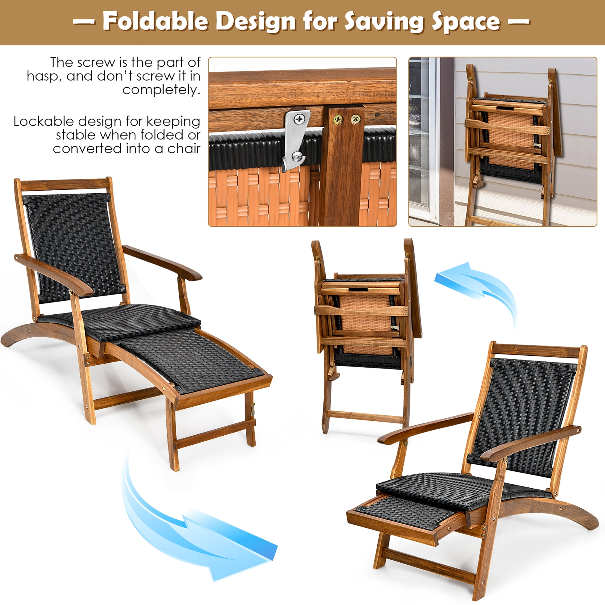 Costway 2-Piece Patio Folding Rattan Lounge Chair Set with Retractable Footrest (Brown, 24 in x 51.5 in x 32.5 in) motay