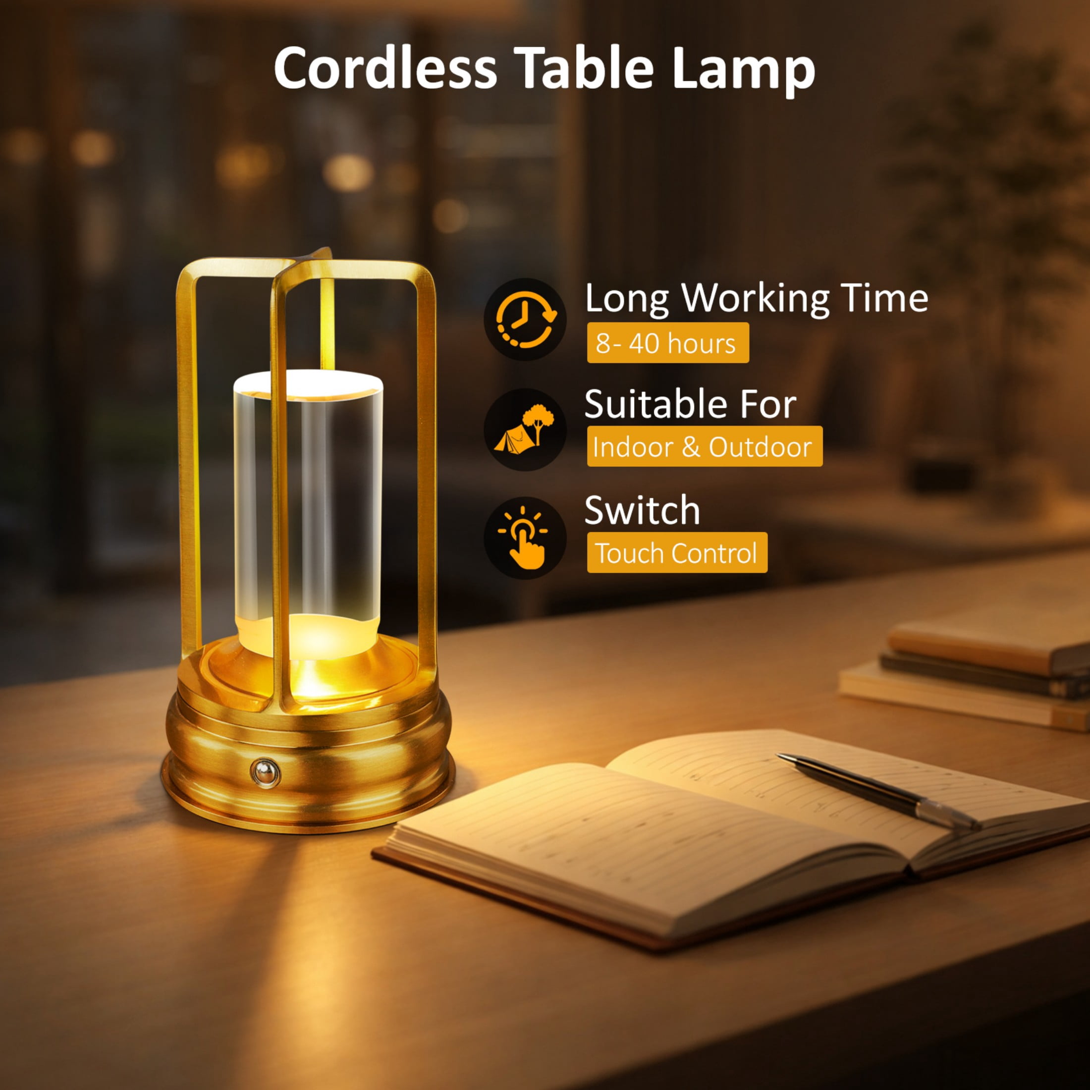 Cpeelsdo Cordless LED Table Lamp, Rechargeable Portable Metal Desk Light with Touch Control and 3-Color Dimming (Gold) hvqjo