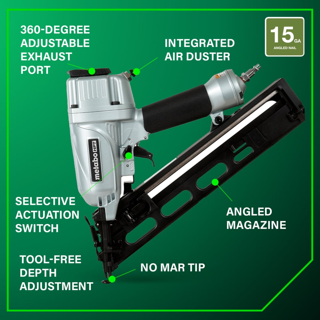 Metabo HPT Pneumatic 15-Gauge Angled Finish Nailer (NT65MA4, 1.25 in to 2.5 in) 44m6p