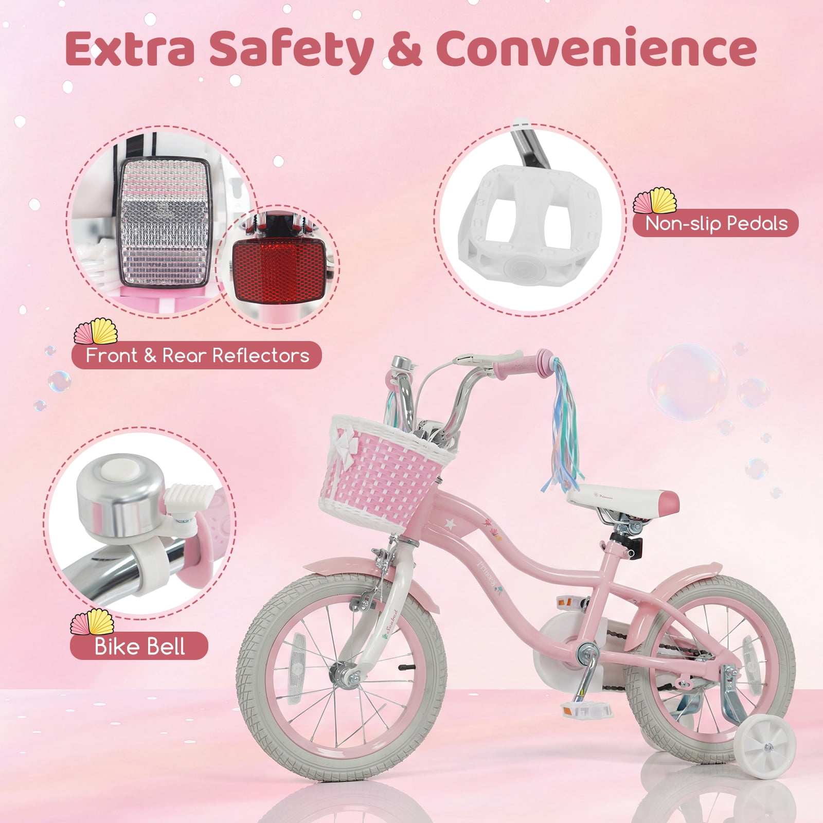Costway 14 in Kids Bike with Training Wheels and Basket (Pink, 14 in) 78kbm