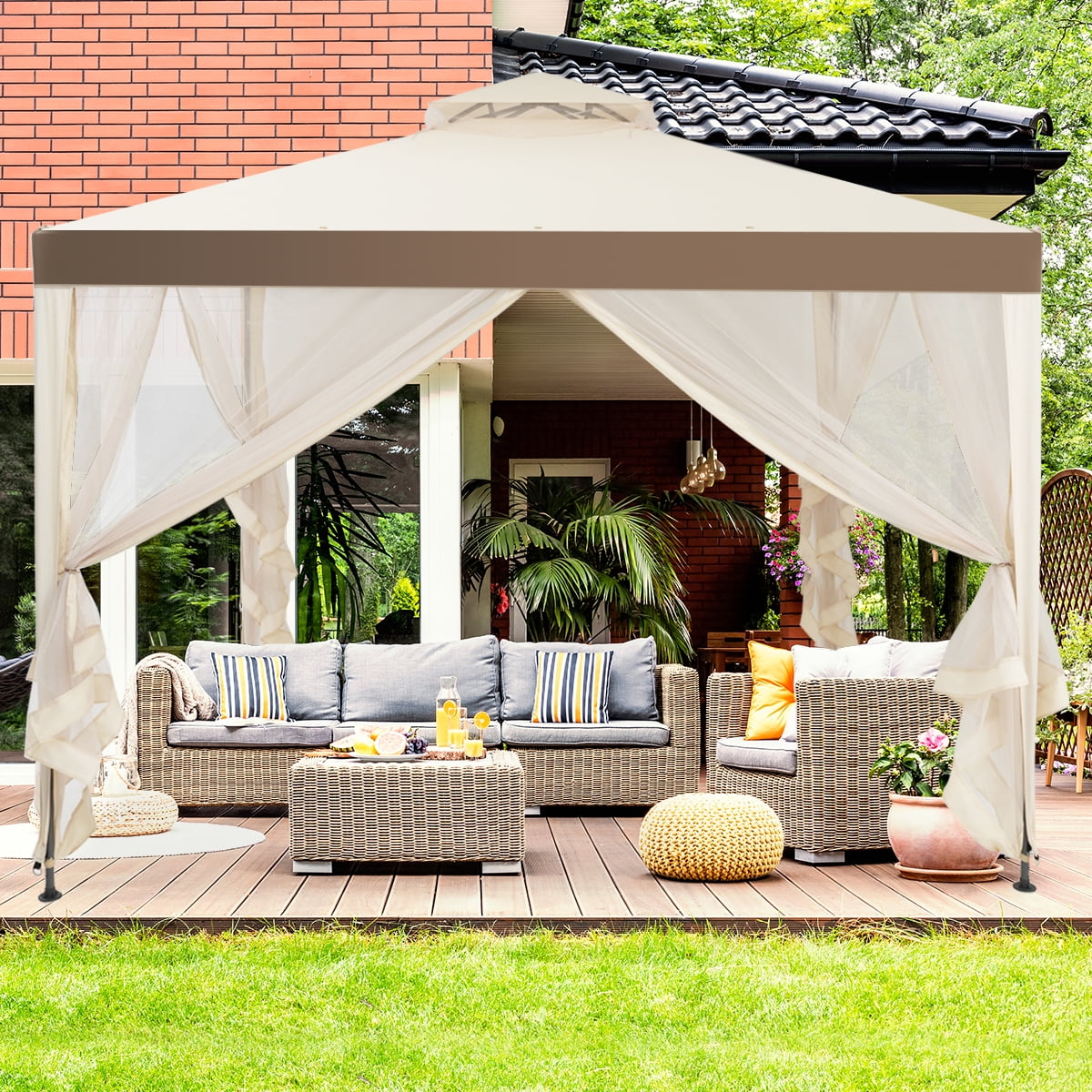Costway Outdoor Event Canopy Tent with Mosquito Netting (Beige, 10 ft x 10 ft) 2gfqa