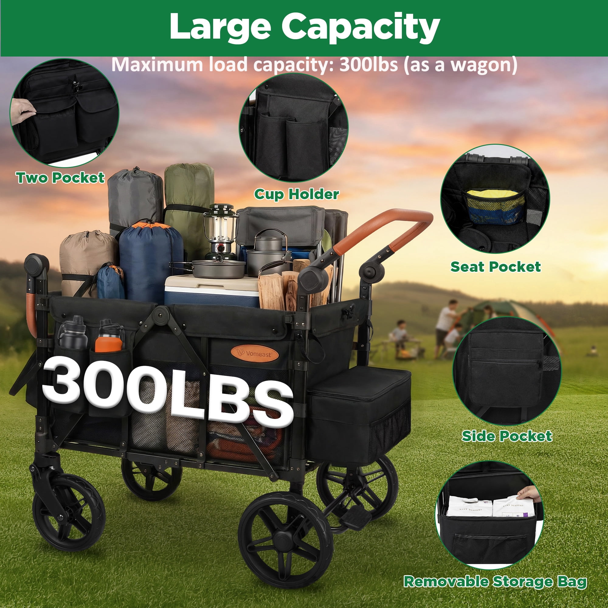 Vomeast 4-Seater Wagon Stroller for Kids, All-Terrain Outdoor Utility Stroller with Canopy and 5-Point Harness (Black, 41.34 x 28.35 x 53.94 in) 1xner