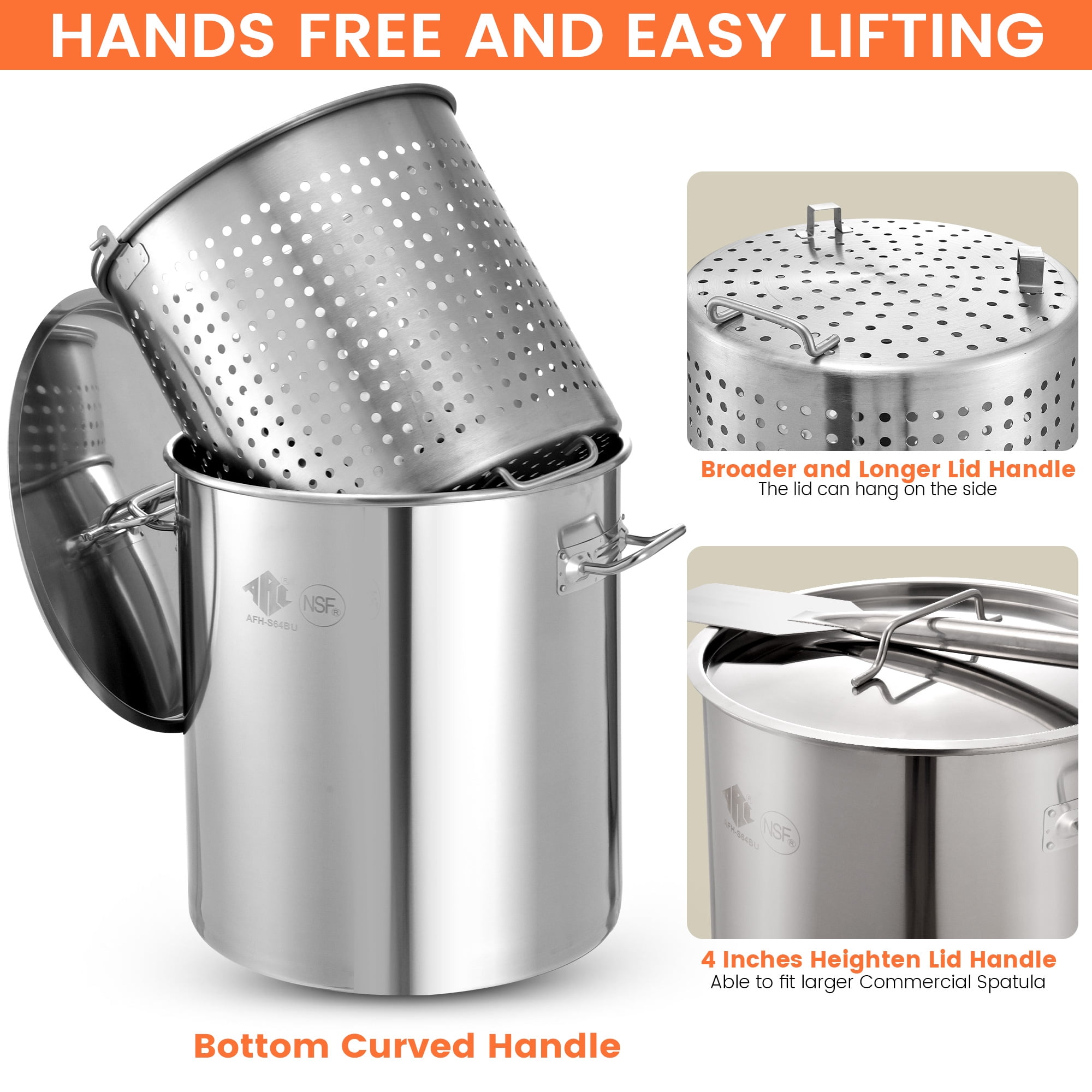 ARC USA 64QT Stainless Steel Seafood Boil Pot with 200,000BTU Propane Burner and Basket (Silver, 64QT) gb80q