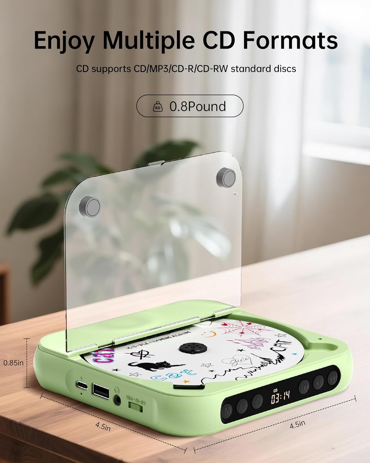 otnbgsr Portable CD Player with Bluetooth Dual Speakers Rechargeable Music Player (Green, 1 Pack) ccnm6